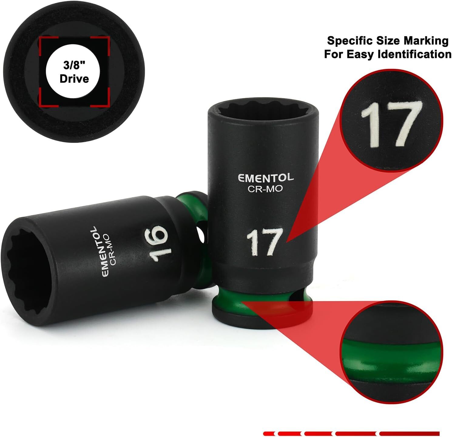 3/8″ Drive Impact Socket Set Semi-Deep Socket 13PCS Metric 7-19mm 12 Point CR-MO
