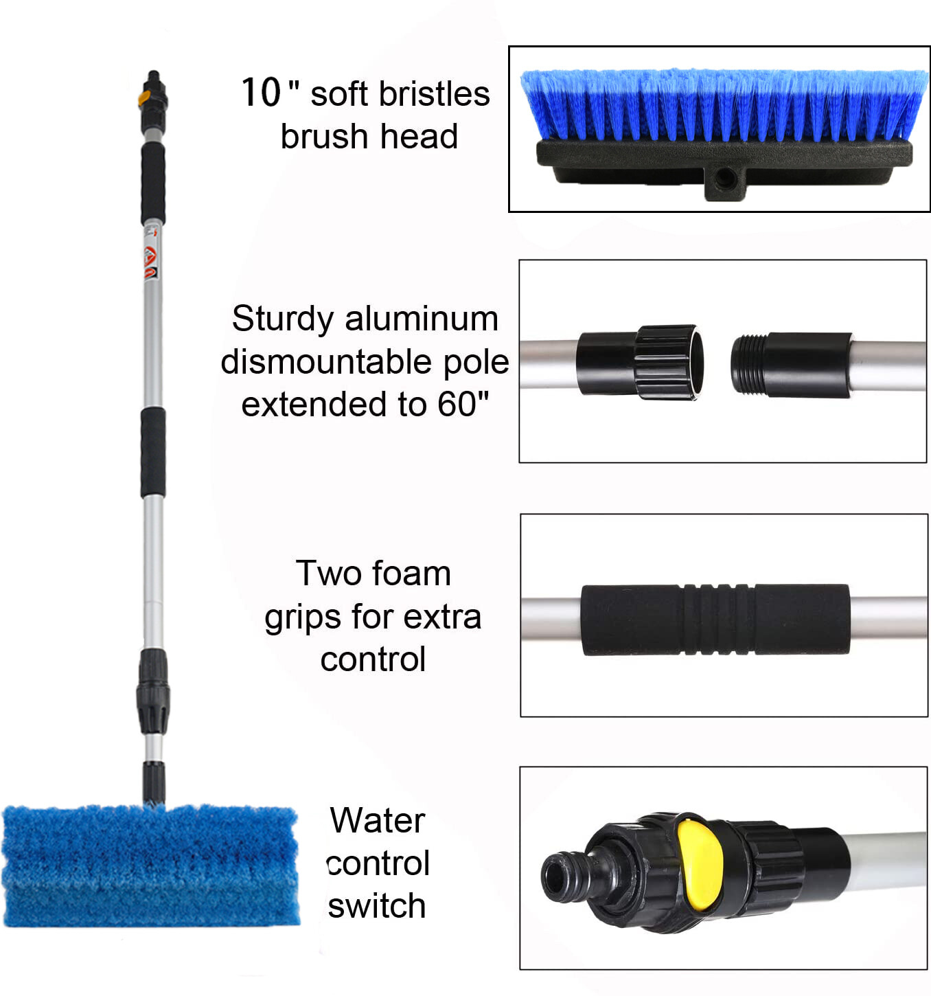 CarCarez RV Flow-Through Wash Brush with Adjustable Long Handle,Blue