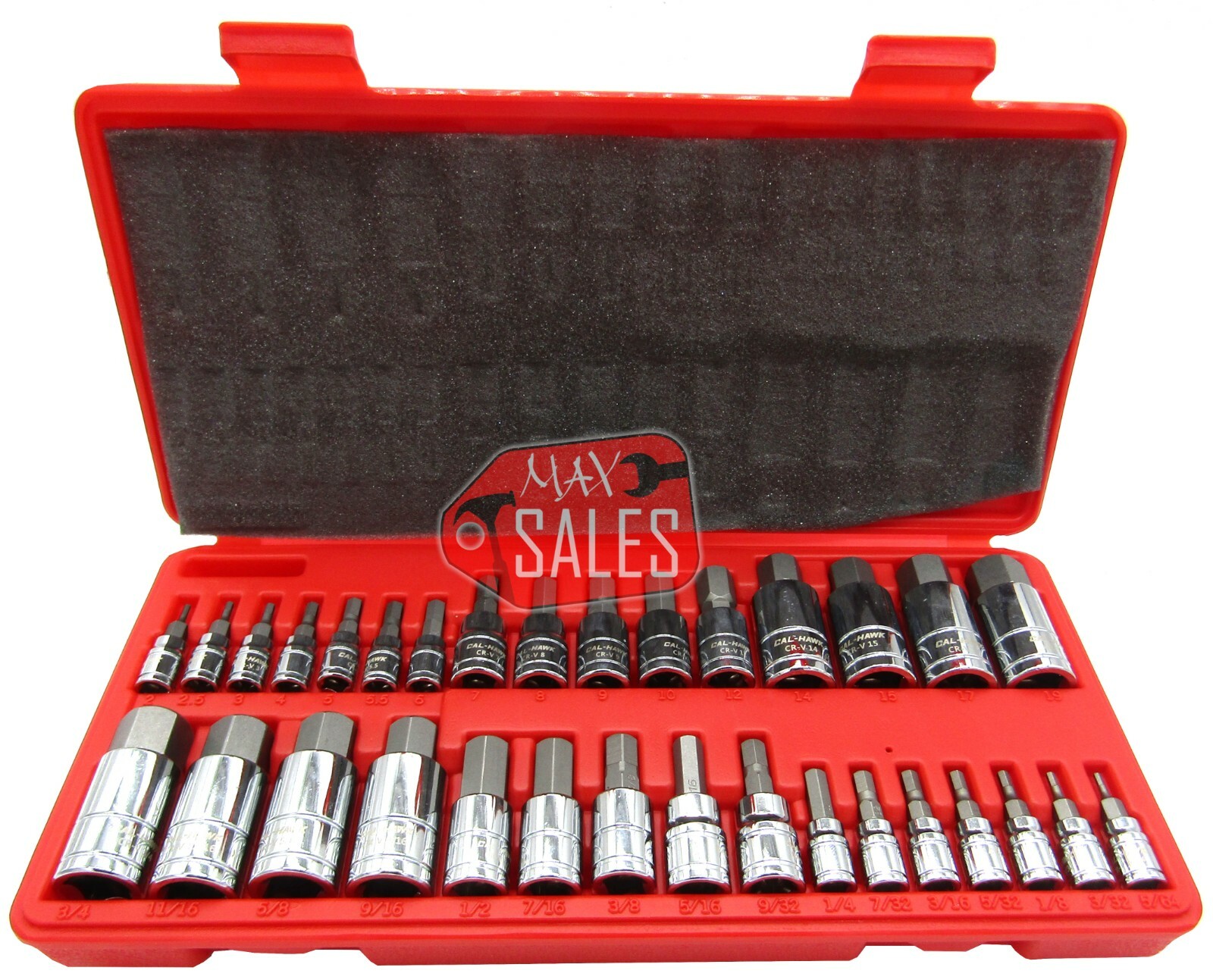 32pc MASTER HEX BIT SET (SAE & METRIC) SOCKET SET STANDARD ALLEN 1/4″ 3/8″ 1/2″