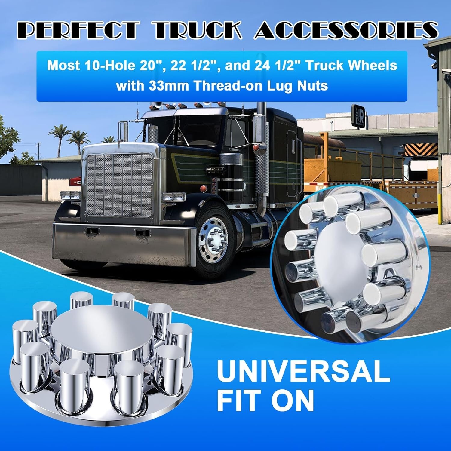 2 Front Flat Top Axle Covers w/ 33mm Thread on Lug Nut Cover for Semi Trucks