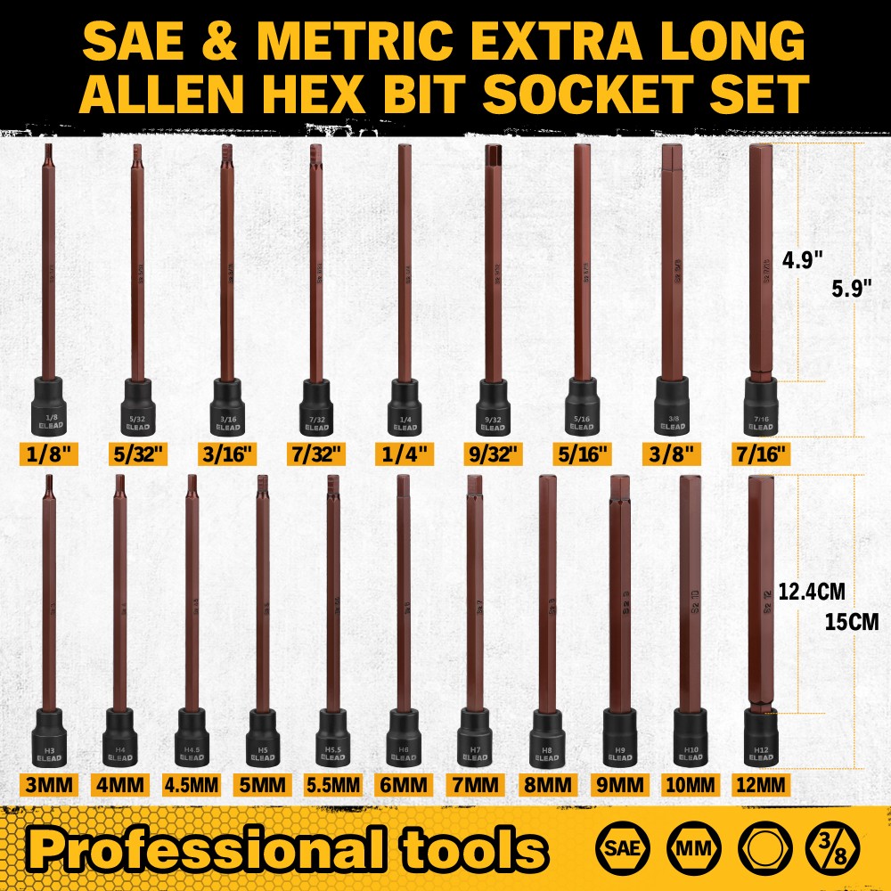 20Pcs 3/8inch Drive Long Hex Bit Socket Set SAE & Metric Allen Socket S2 Steel