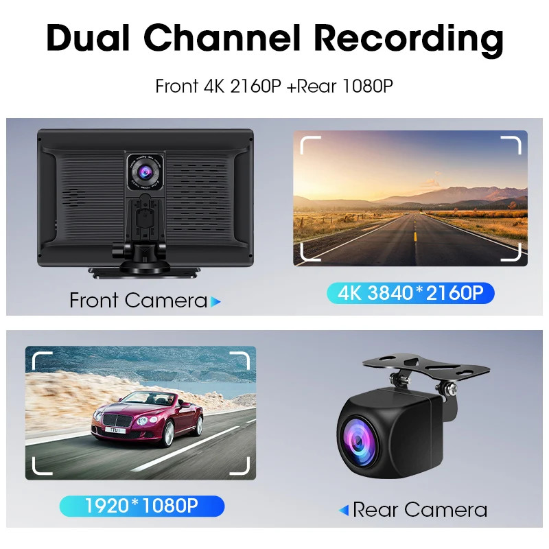 10 Inch DVR 4K Dashcam Wireless Carplay Android Auto Dual Lens Camera