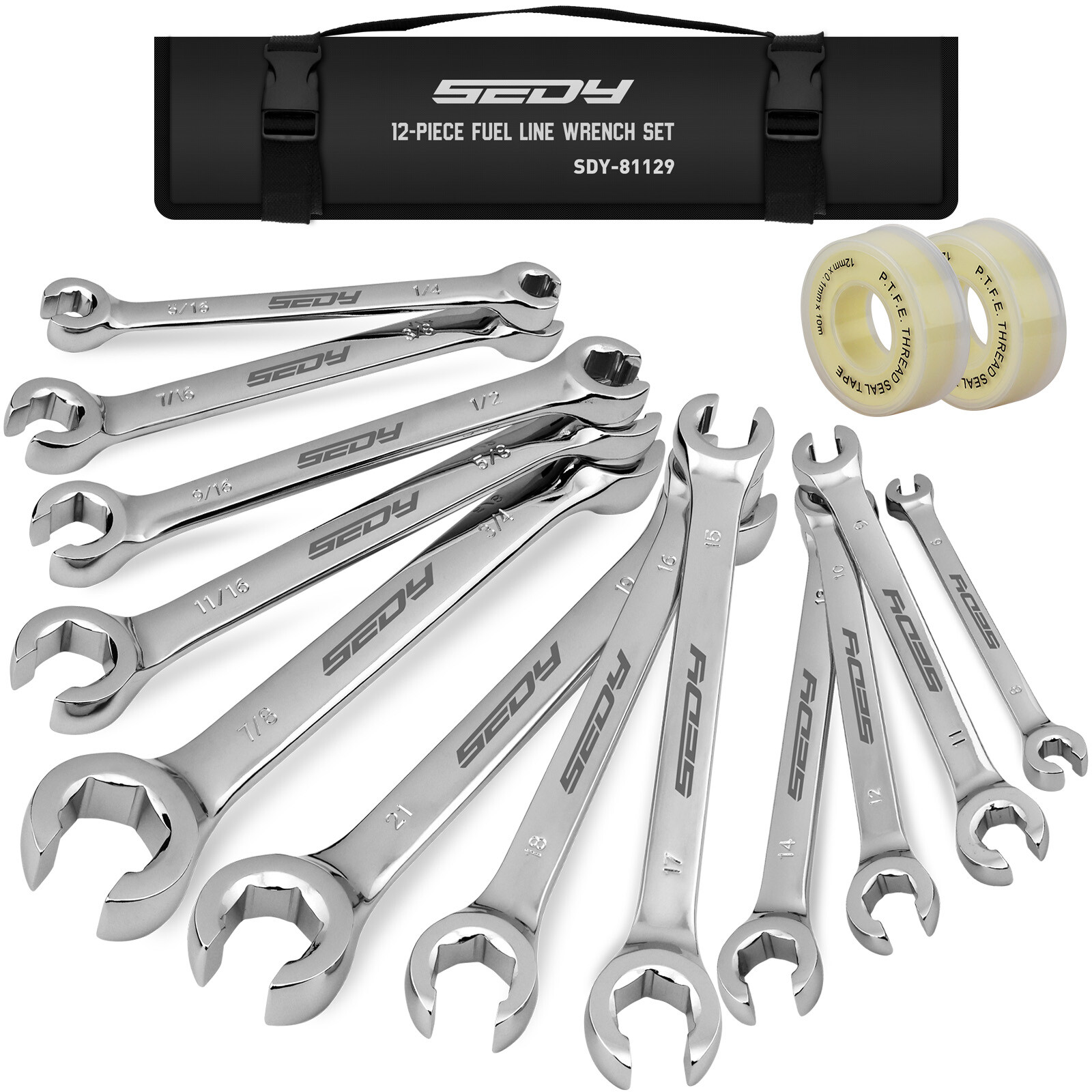 12PC Flare Nut Wrench Set with 2 PTFE Tape Metric & SAE Brake Line Wrench Offset