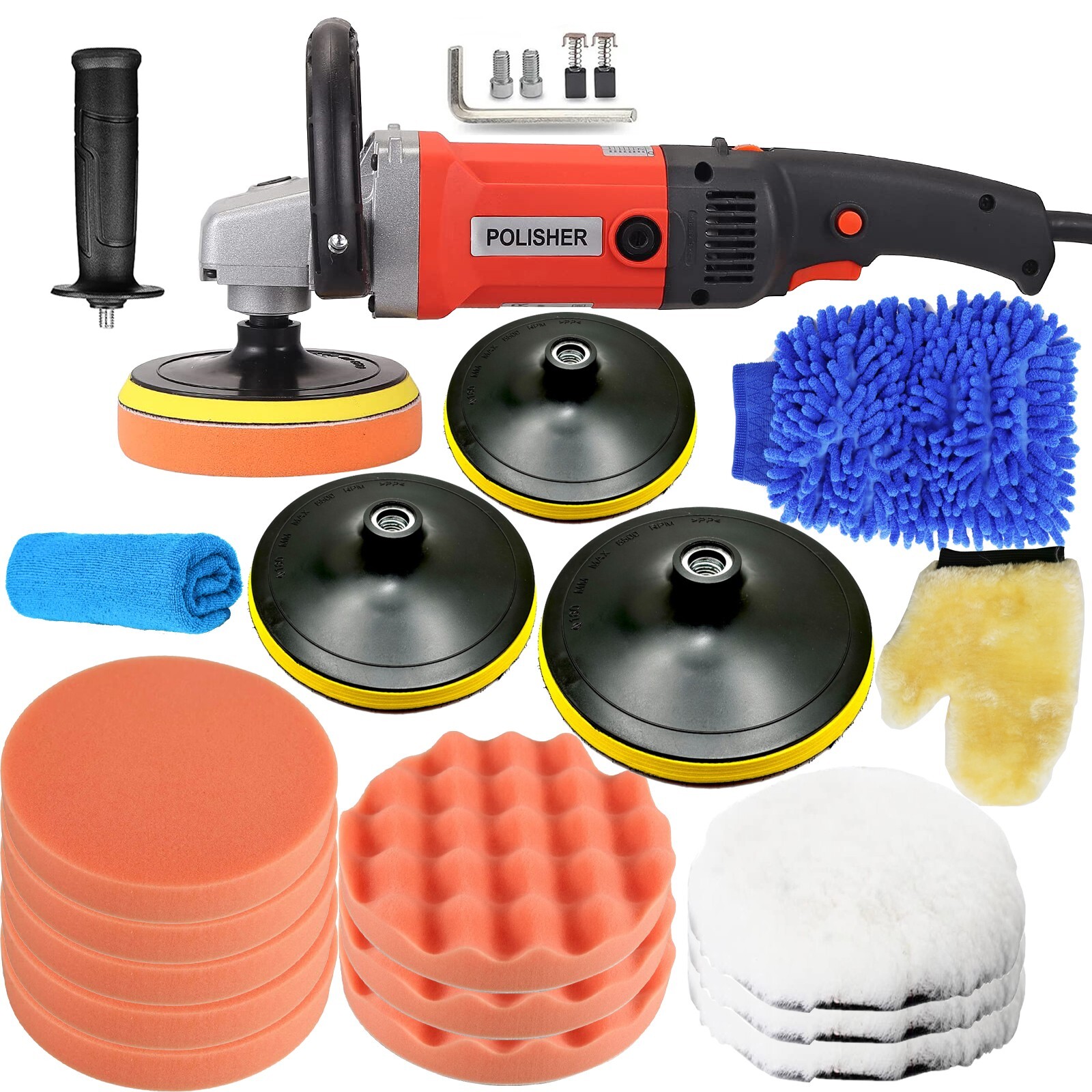 Car Buffer Polisher Waxer 8-Speed Rotary 5″+6″+7″ Plate Polishing Machine 22pcs