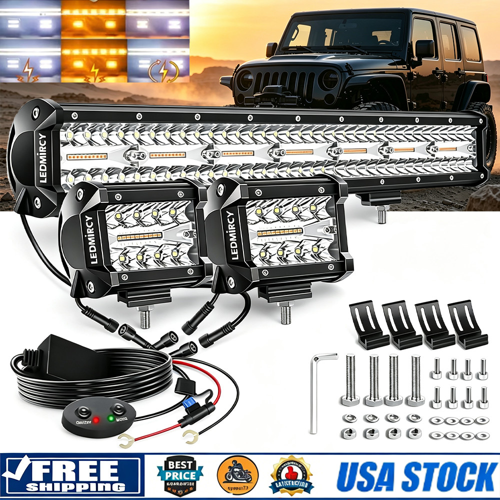20″ 6-Mode Dual Color Strobe LED Light Bar +4″LED Pods For Jeep SUV Truck Pickup
