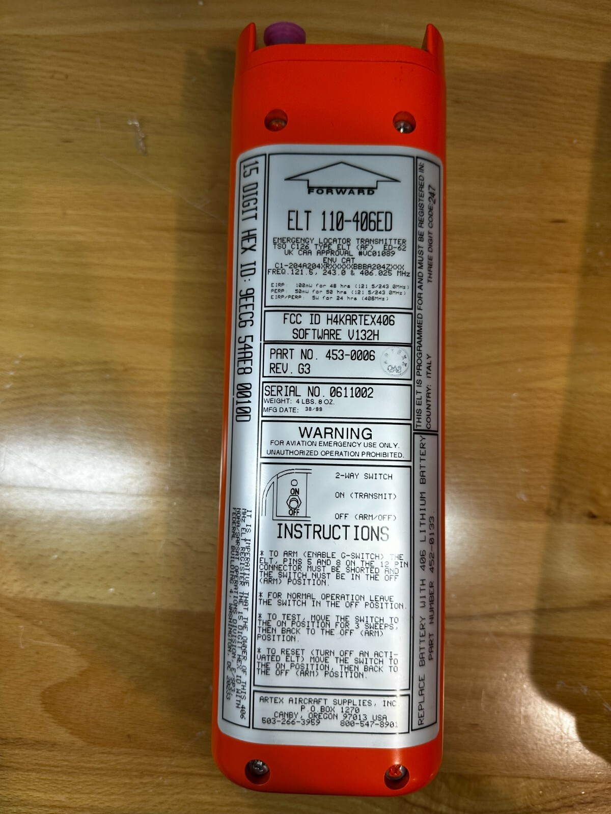 Artex 453-0006 ELT 406Mhz 110-406ED guaranteed 30 days