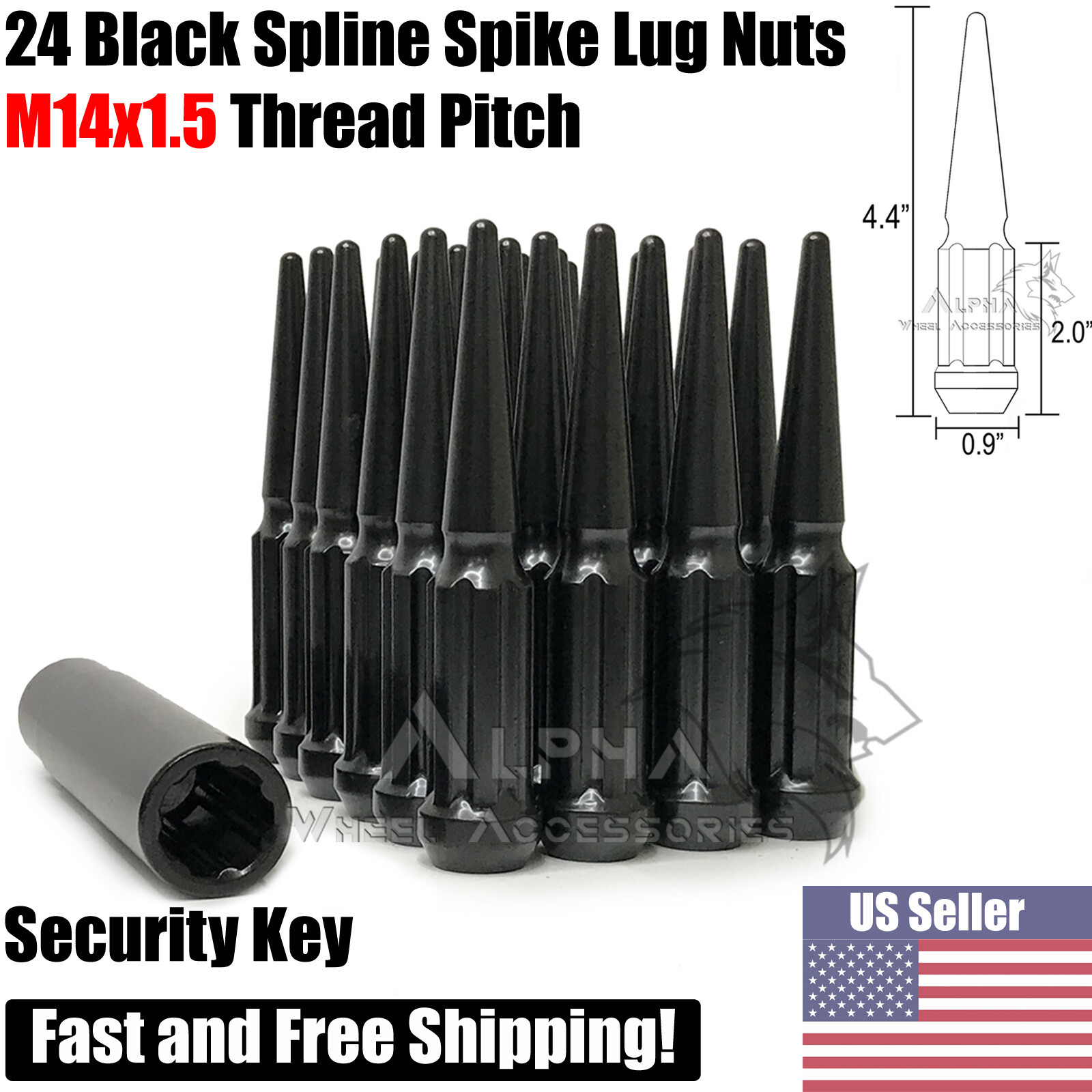 24 Black 14×1.5 Spline Spike Lug Nuts For Chevy GMC Silverado Sierra 1500 + Key