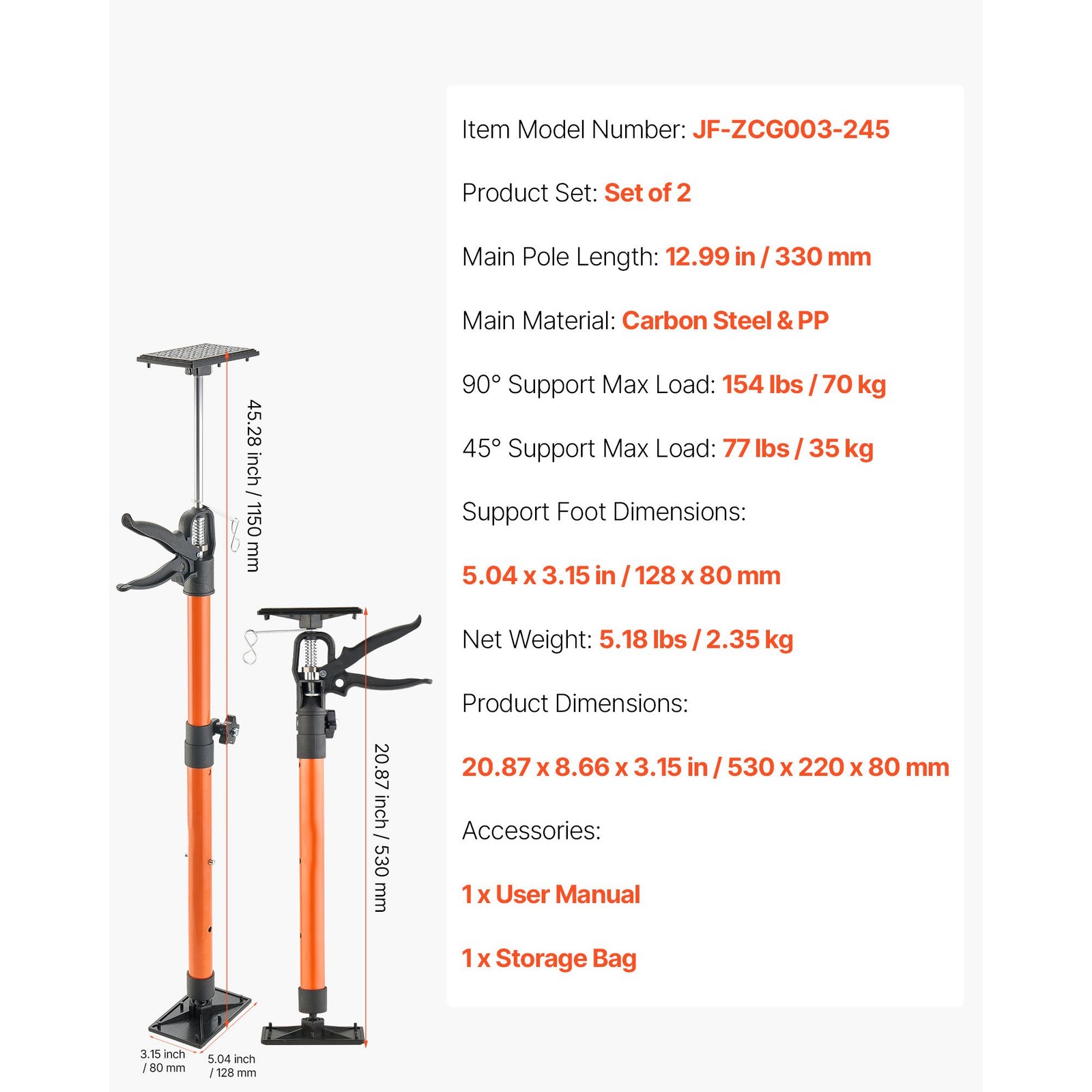Cabinet Jack Support Pole 2-Pack 154lbs Carbon Steel Telescopic Adjustable Head