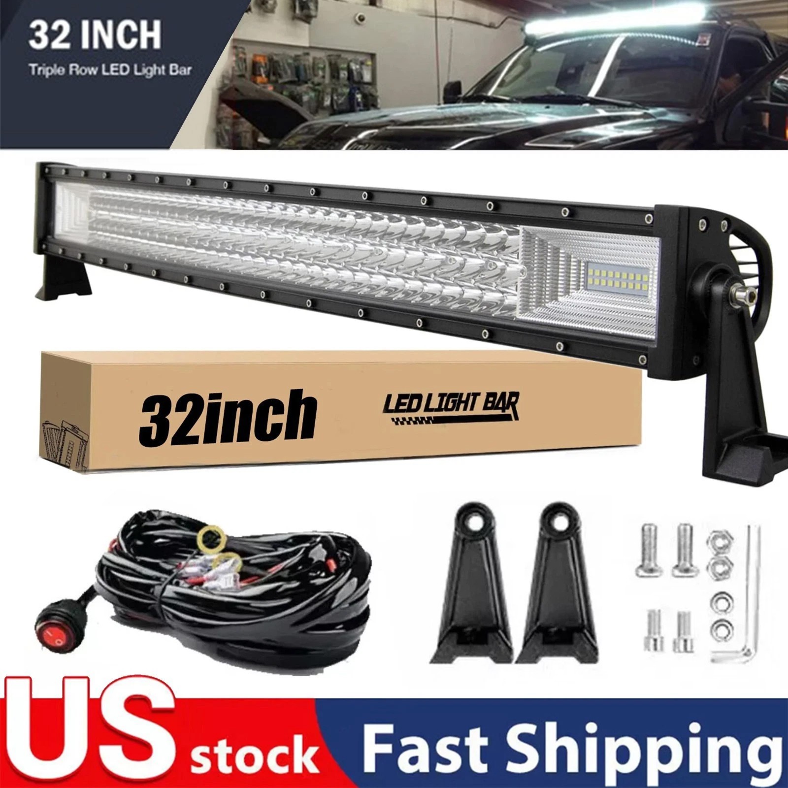 32 Inch LED LIGHT BAR Tri Row Spot Flood Combo Truck Offroad 4WD ATV SUV Light