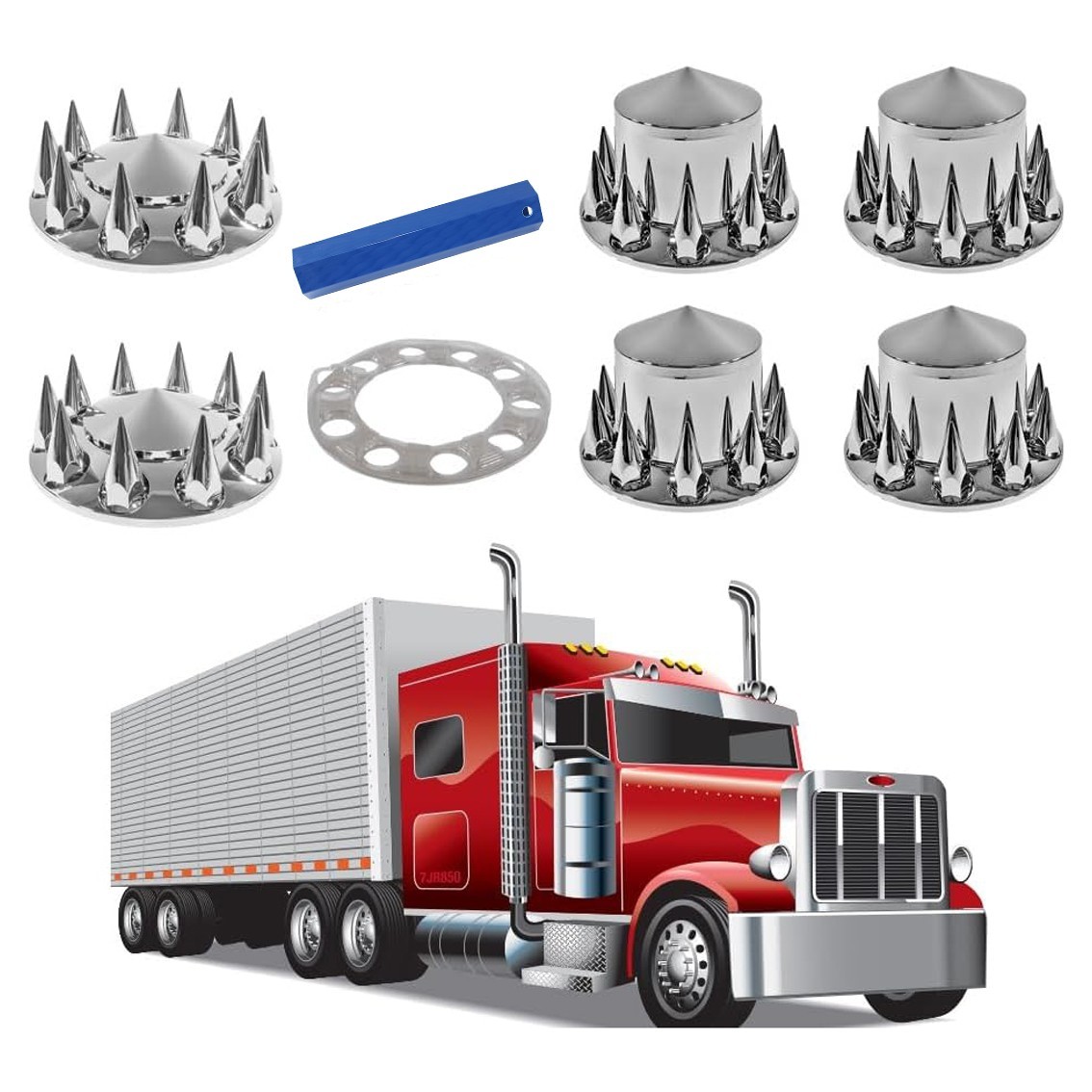Chrome ABS Axle Cover Set Hub Caps 33mm Spiked Lug Nut Covers for Semi Trucks