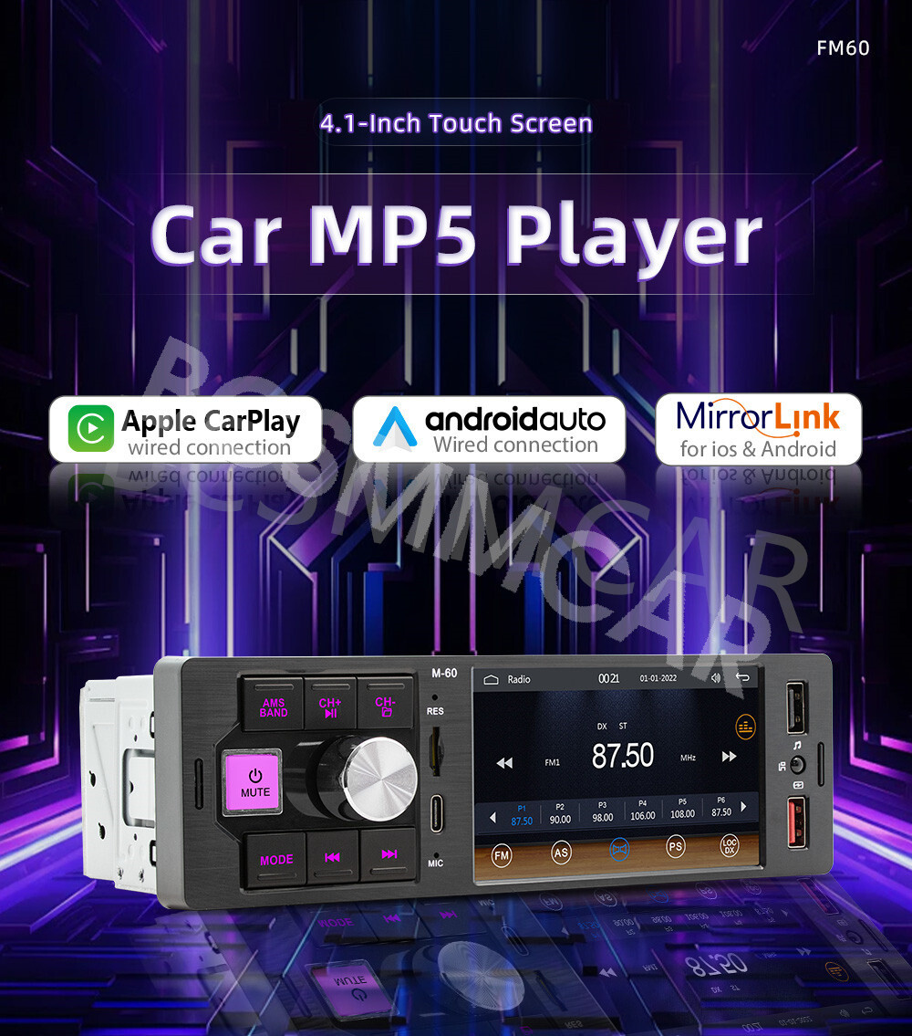 Single Din Car Radio Stereo For Carplay 4.1in MP5 Player Touch Screen Bluetooth