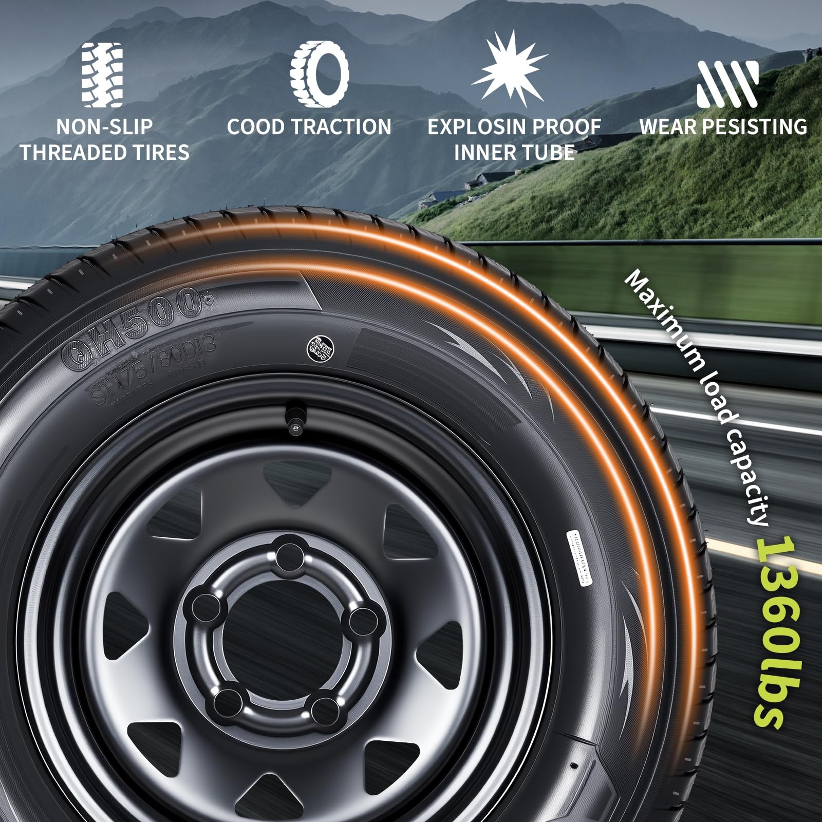 2-Pack Trailer Tire On Rim ST175/80D13 Trailer Tires and Wheels 5 Lug on 4.5 in