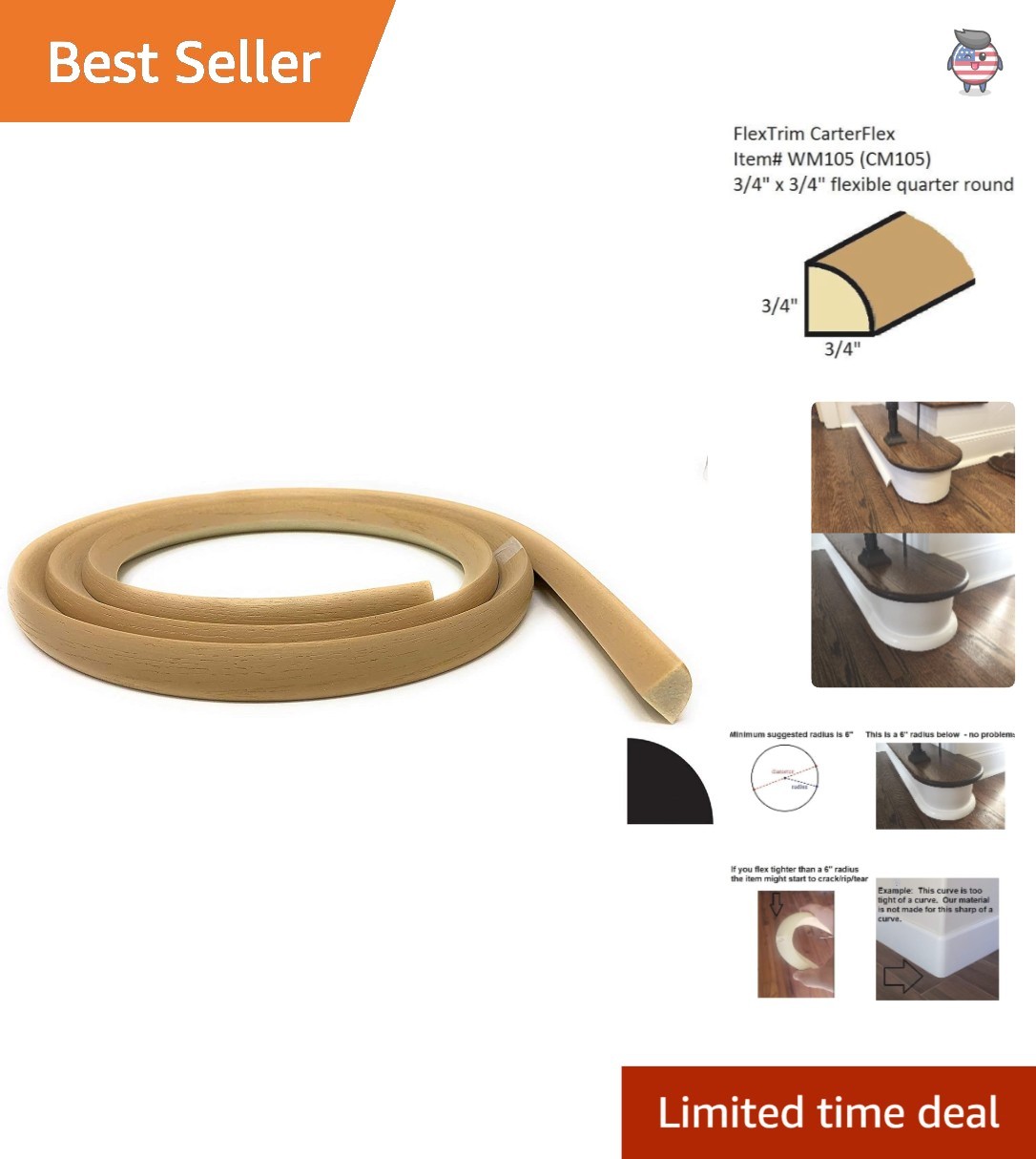 Elegant 3/4″ x 3/4″ Light Tan Flexible Quarter Round Molding – 8′ Long USA-Made