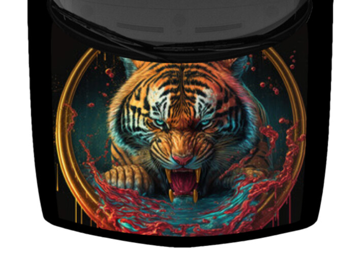 Abstract Art Fierce Roaring Teeth Tiger Hood Wrap Vinyl Decal Graphic Car Truck