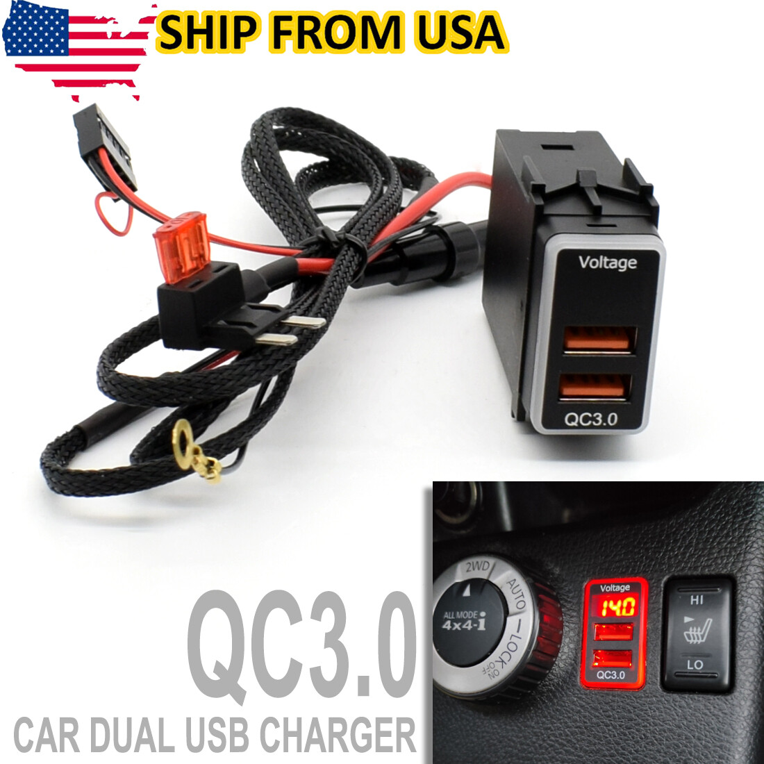 2 USB Phone Car Charger Adapter QC3.0 Fast Charging Digital Voltmeter For Nissan