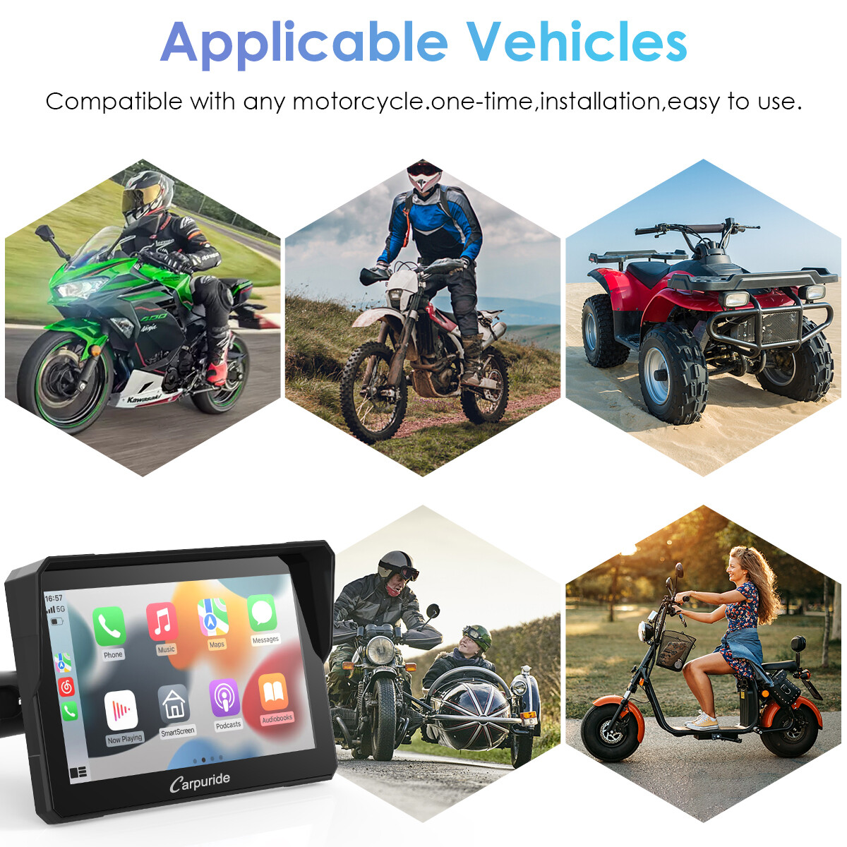 Carpuride Motorcycle Stereo Bluetooth Radio Wireless Apple CarPlay Android Auto