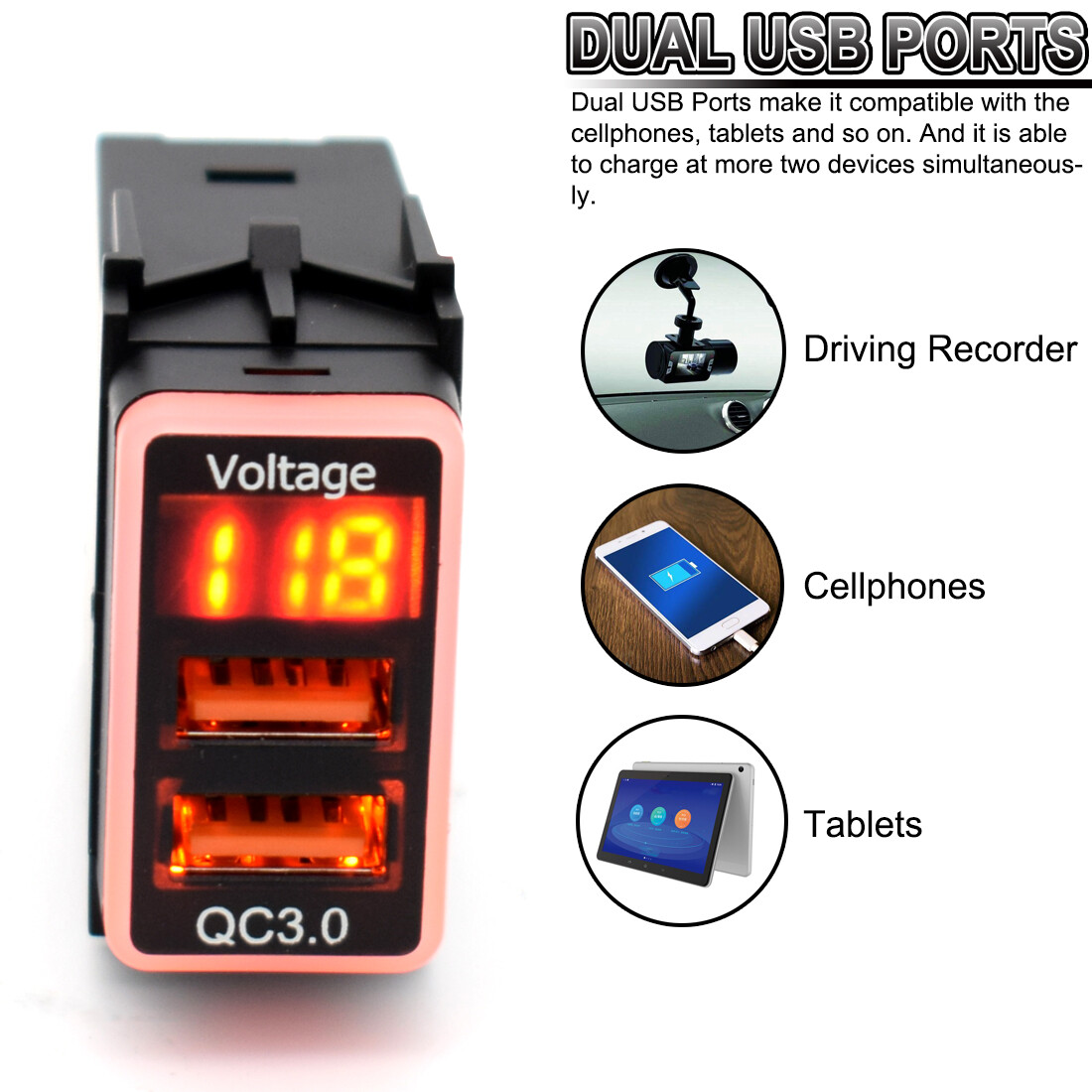 2 USB Phone Car Charger Adapter QC3.0 Fast Charging Digital Voltmeter For Nissan