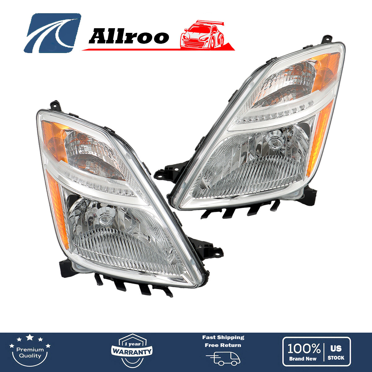 Headlamp Assembly Halogen Pair Right+Left Clear Fit For 2006-2009 Toyota Prius