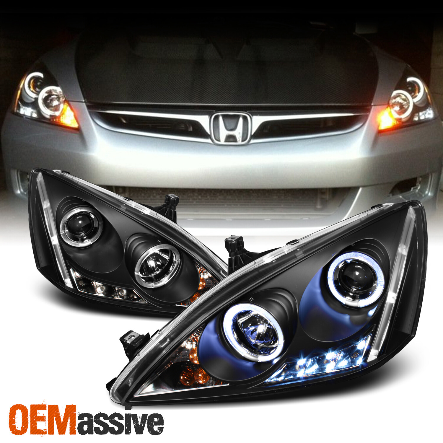 Fits 2003-2007 Honda Accord Black Bezel Dual Halo LED Projector Headlights