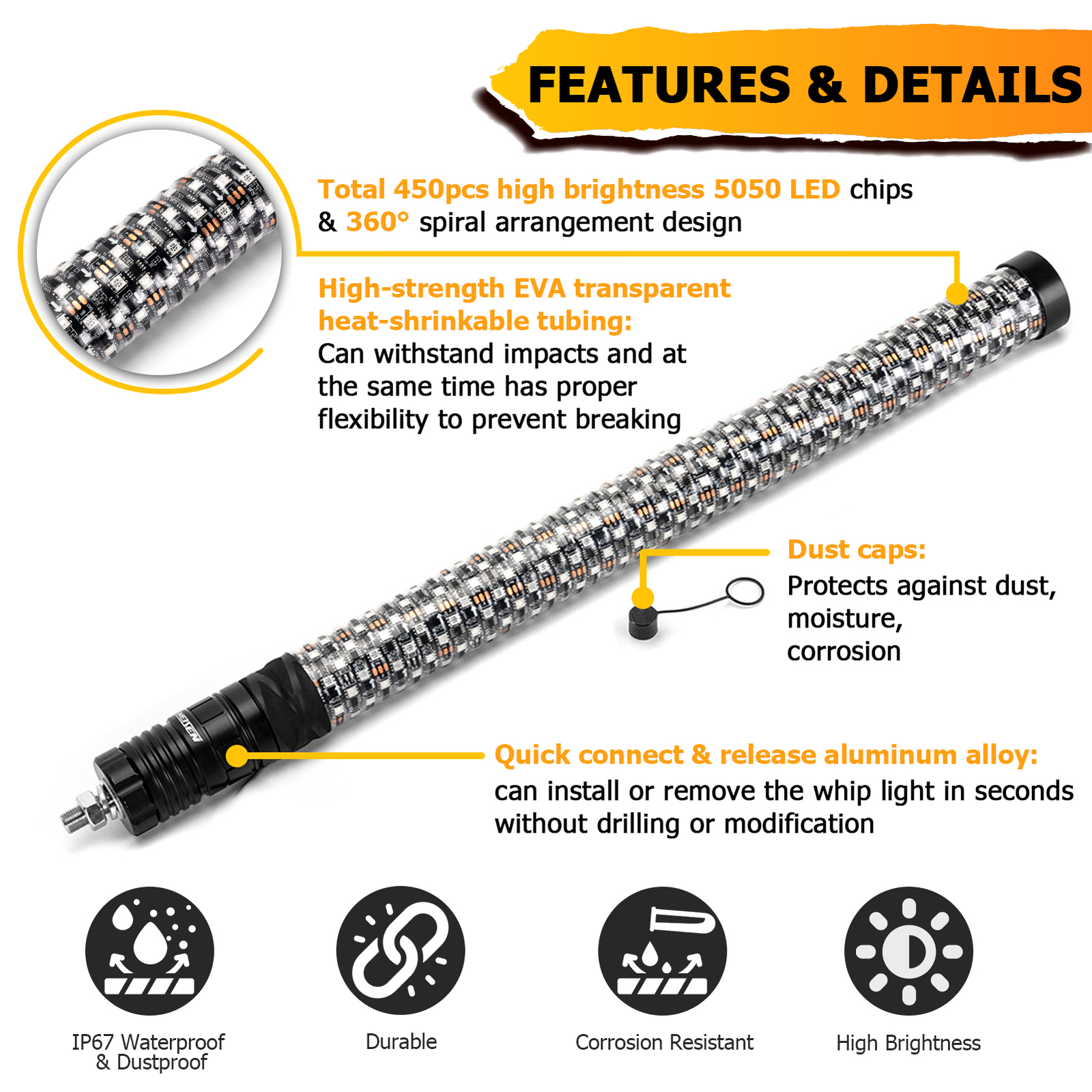 2FT Thick LED Whip Spiral Chasing RGB Fat Whip Lights For Can Am Maverick X3 XRS
