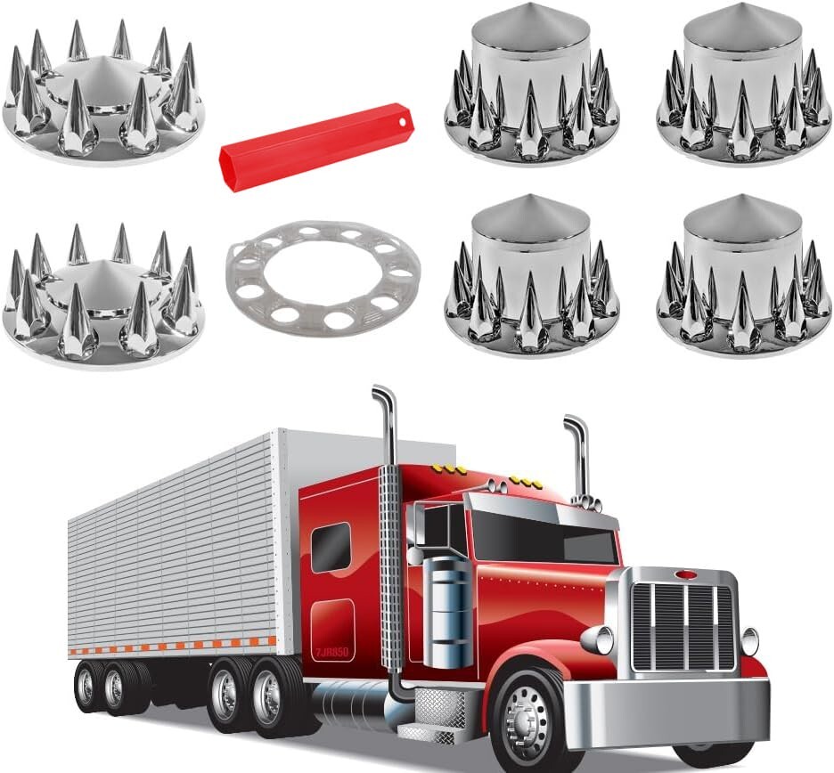 Chrome Hub Cover Kit Front & Rear Semi Truck 33mm Nut Wheel Axle Covers Spiked