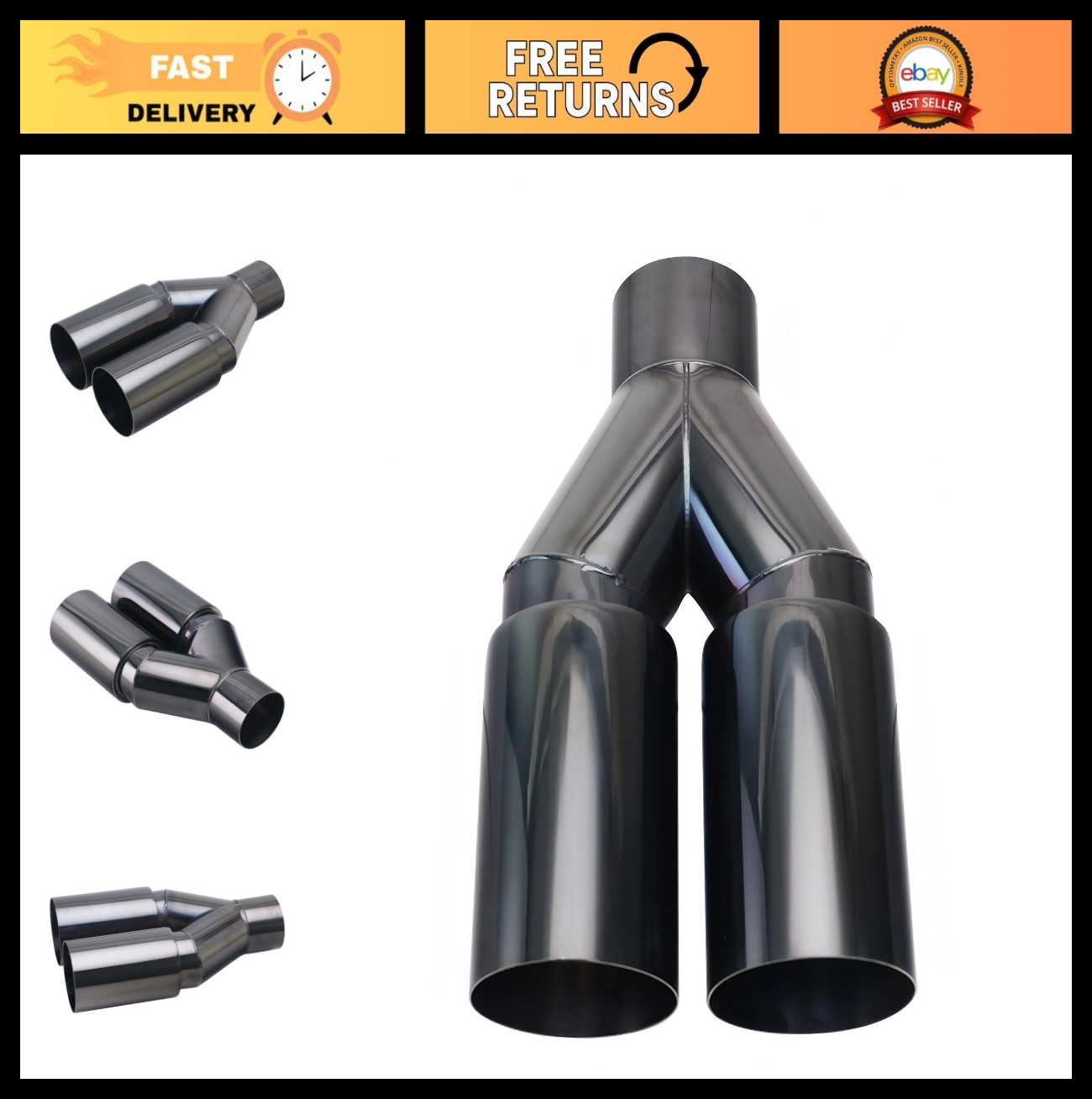 2.5″ to 3″ Black Exhaust Tip – Dual Outlet Chrome Plated Muffler Tail Pipe, 10″