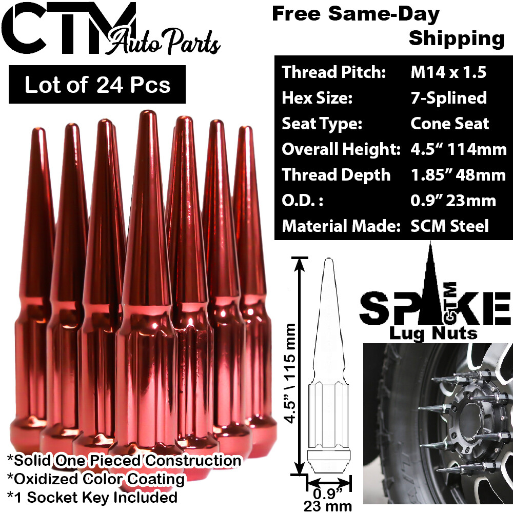 24Pc 4.5″ TALL RED M14x1.5 SOLID SPLINE SPIKE LUG NUT+KEY FIT CHEVY MODEL