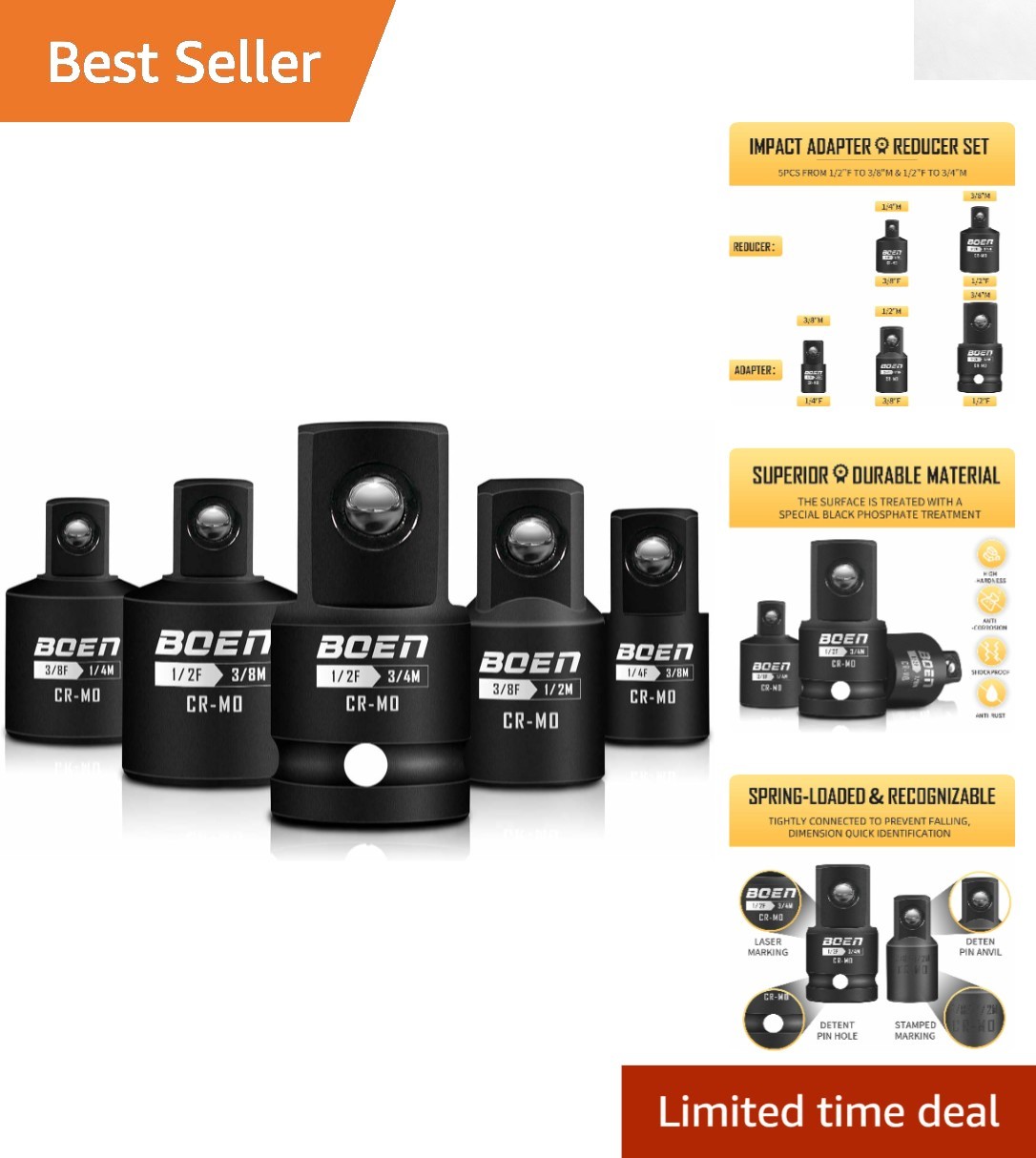 Versatile SAE Impact Adapter Set – 5 Piece CR-MO Steel, Perfect for Home Repairs