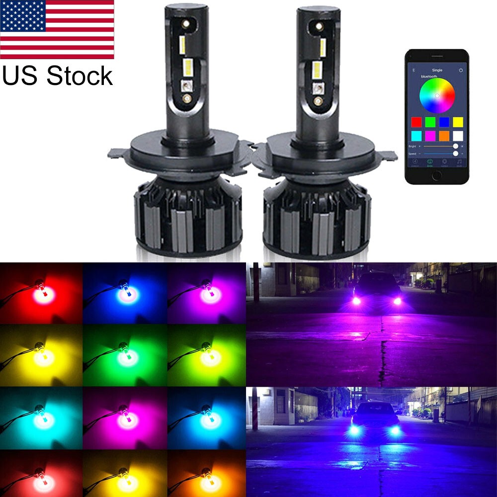 2pcs H4 9003 RGB LED Multicolor Headlight Bulbs High Low Beam Phone Control