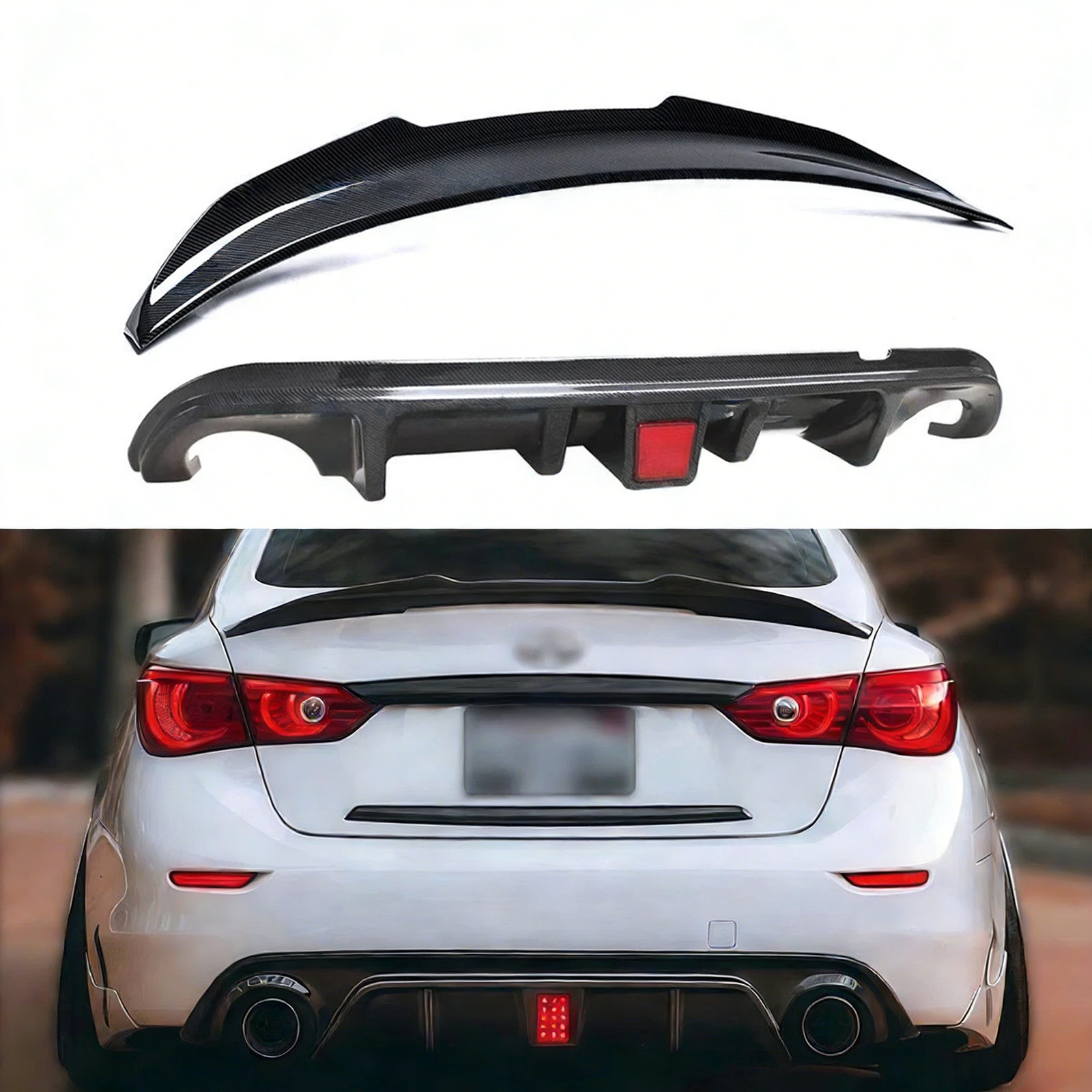 Rear Bumper Diffuser & Spoiler Wing Carbon Fiber Look Fit 2014-2017 Infiniti Q50