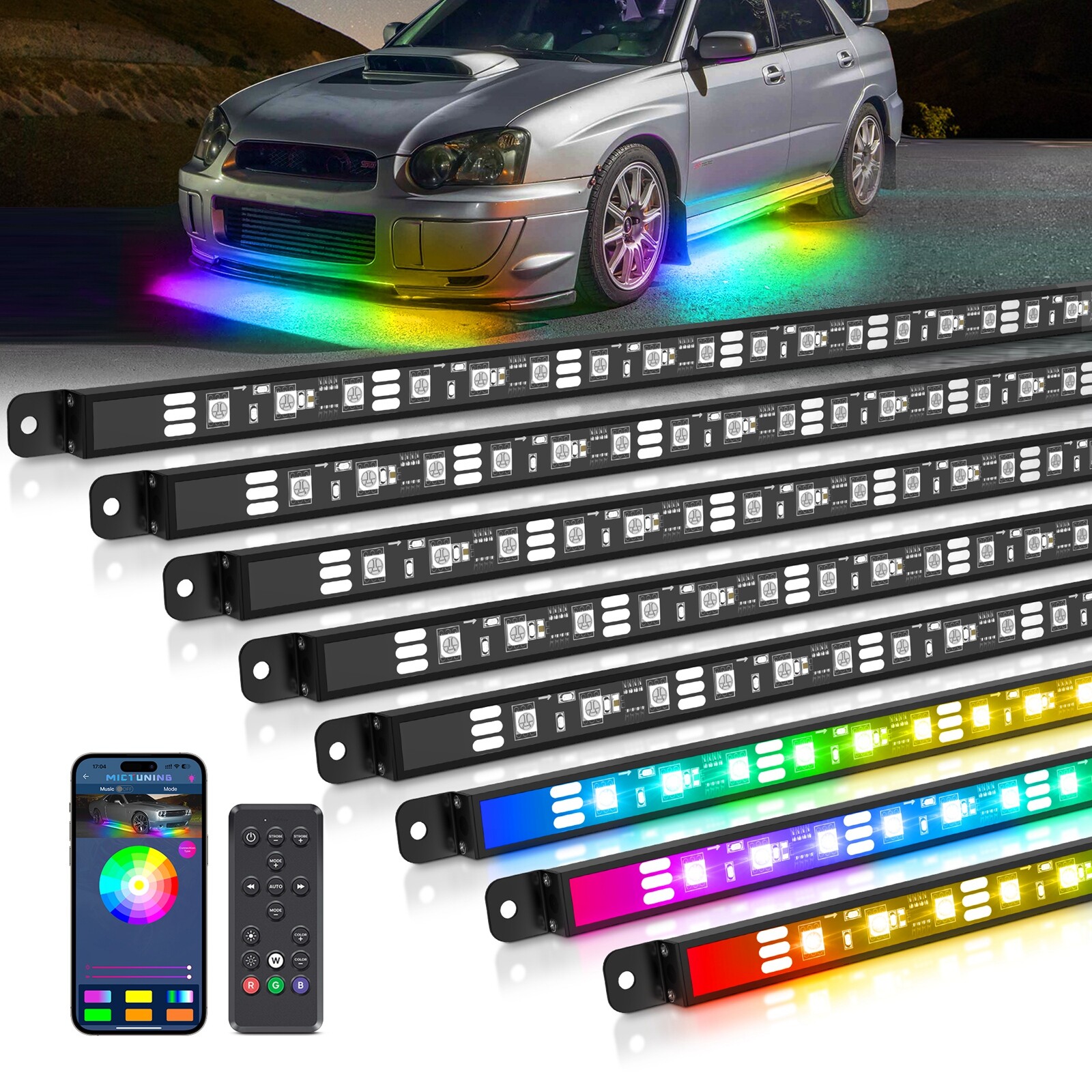 Bluetooth 8PCS RGB Car LED Underglow Lights Strip Dream Color Chasing Lights Kit
