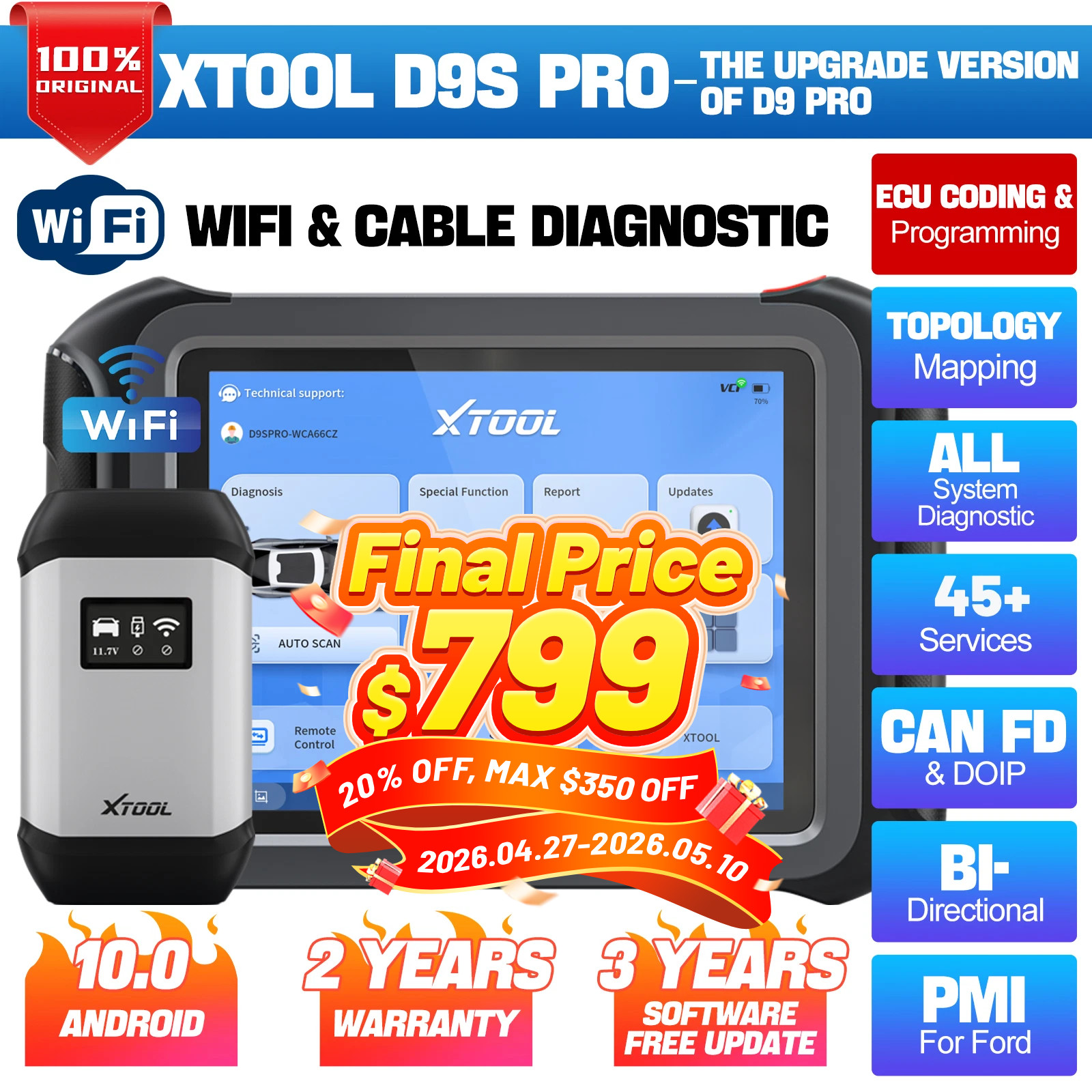 ✅XTOOL D9S PRO Auto Diagnostic Scanner Tool ECU Key Programming 45+ Services