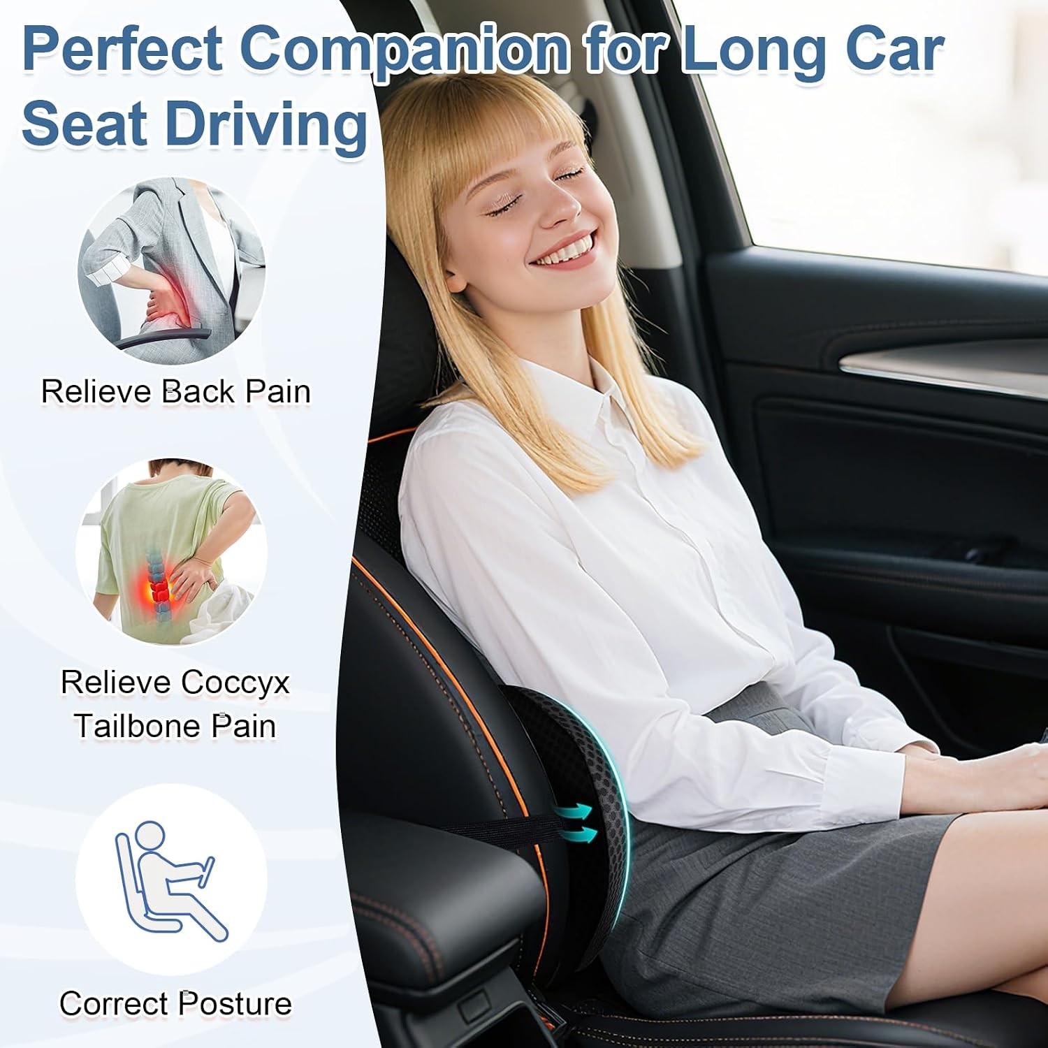 Memory Foam Lumbar Support Pillow Strap Car and Office Chair