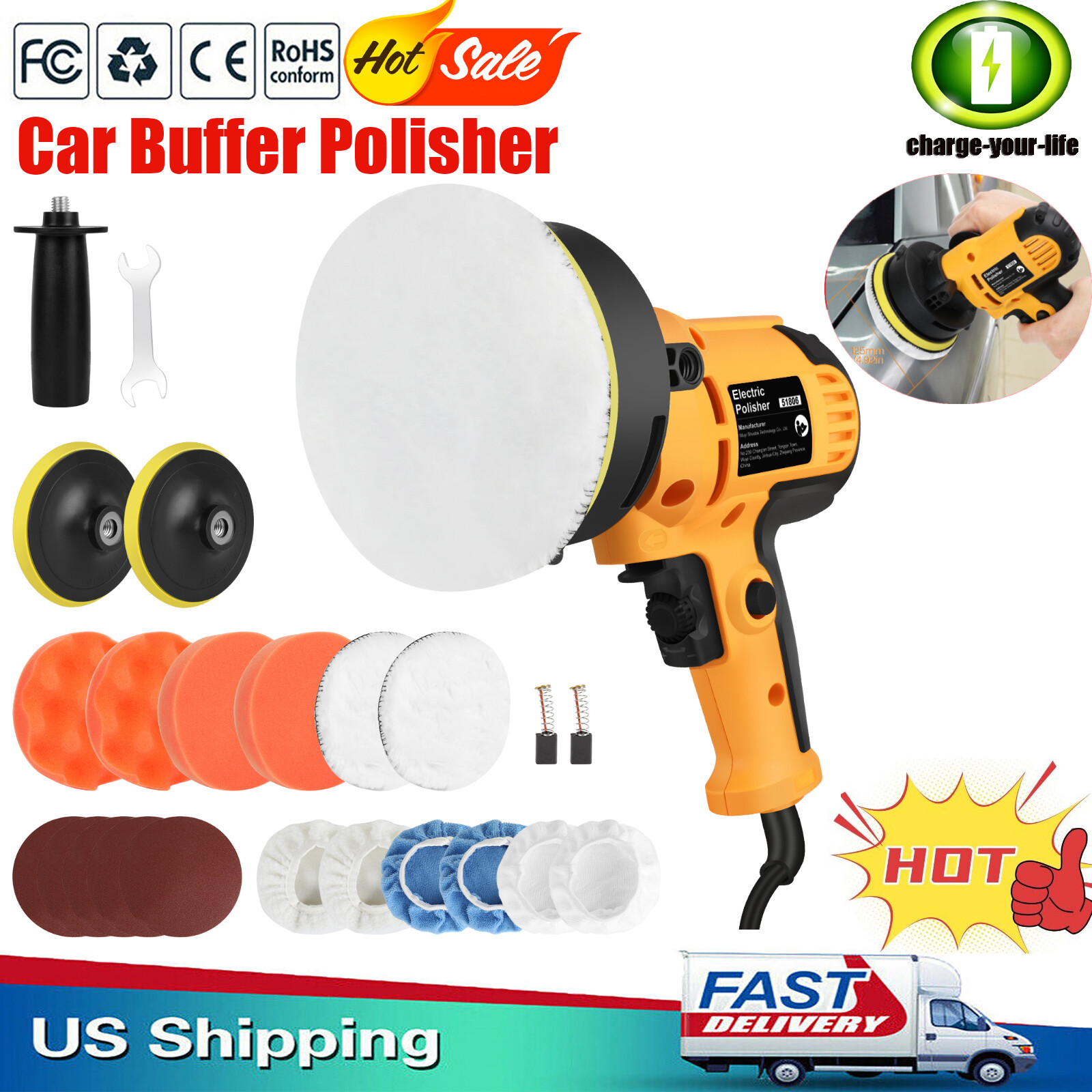 ✅Car Polisher Buffer Sander 800W Polishing Machine Kit Waxing with 5″ Pad Bonnet