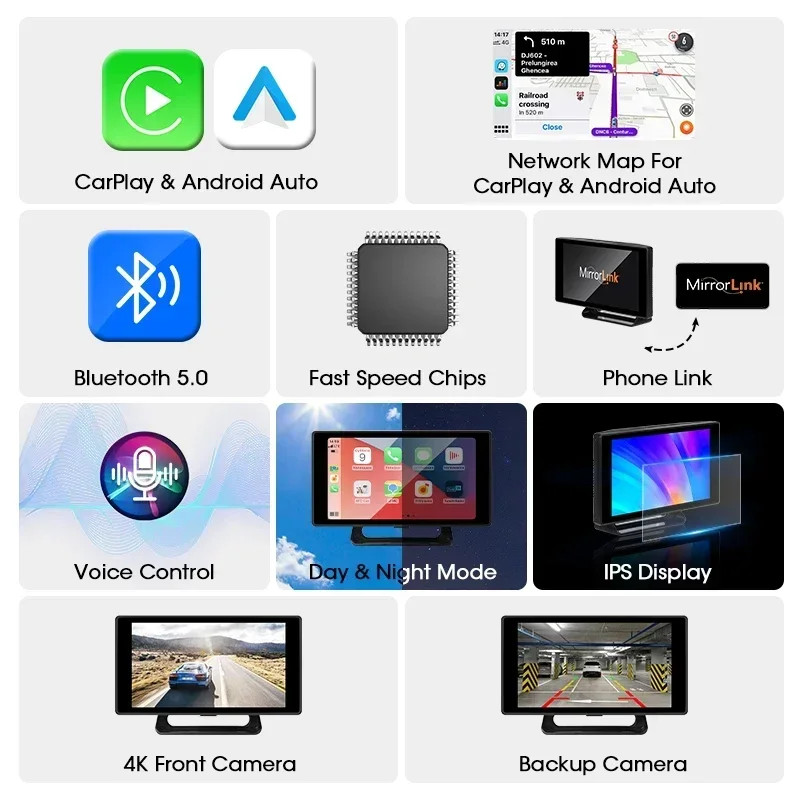 Portable 5 Inch 4K Car DVR Dash Cam Wireless Carplay & Android WIFI GPS