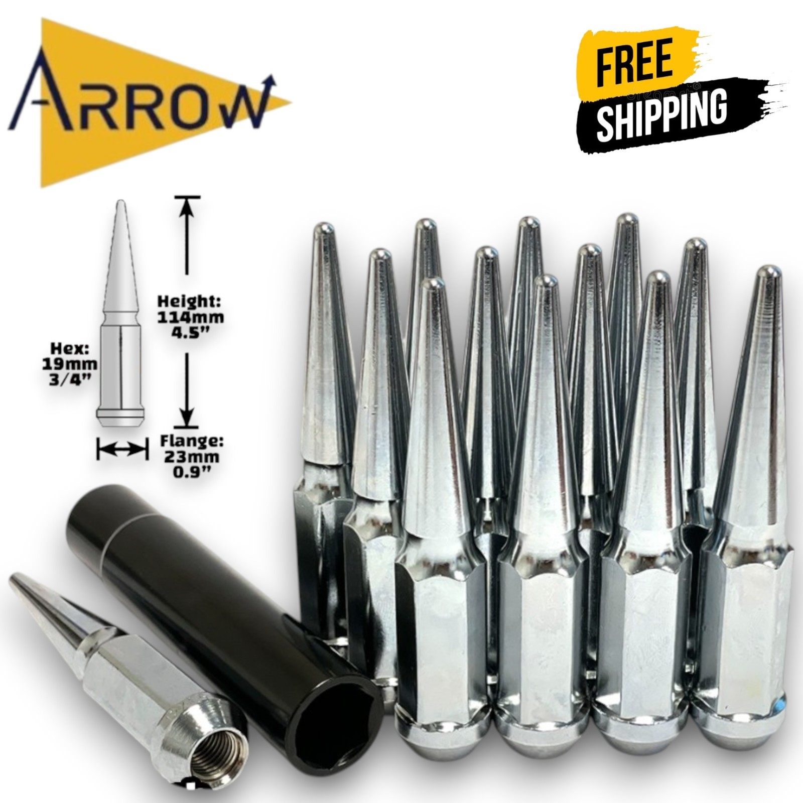 24x CHROME M14x1.5 SOLID STEEL SPIKE LUG NUT 4.5″ TALL+KEY FIT: CHEVROLET MODELS