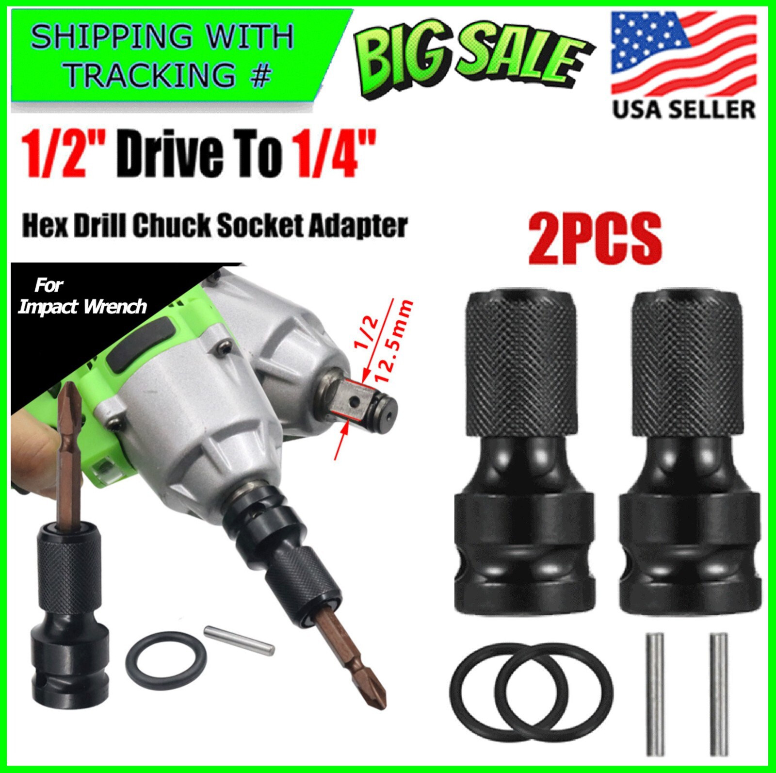2Pcs 1/2″ Drive To 1/4″ Socket Adapter for IMPACT WRENCH Hex Drill Chuck Convert
