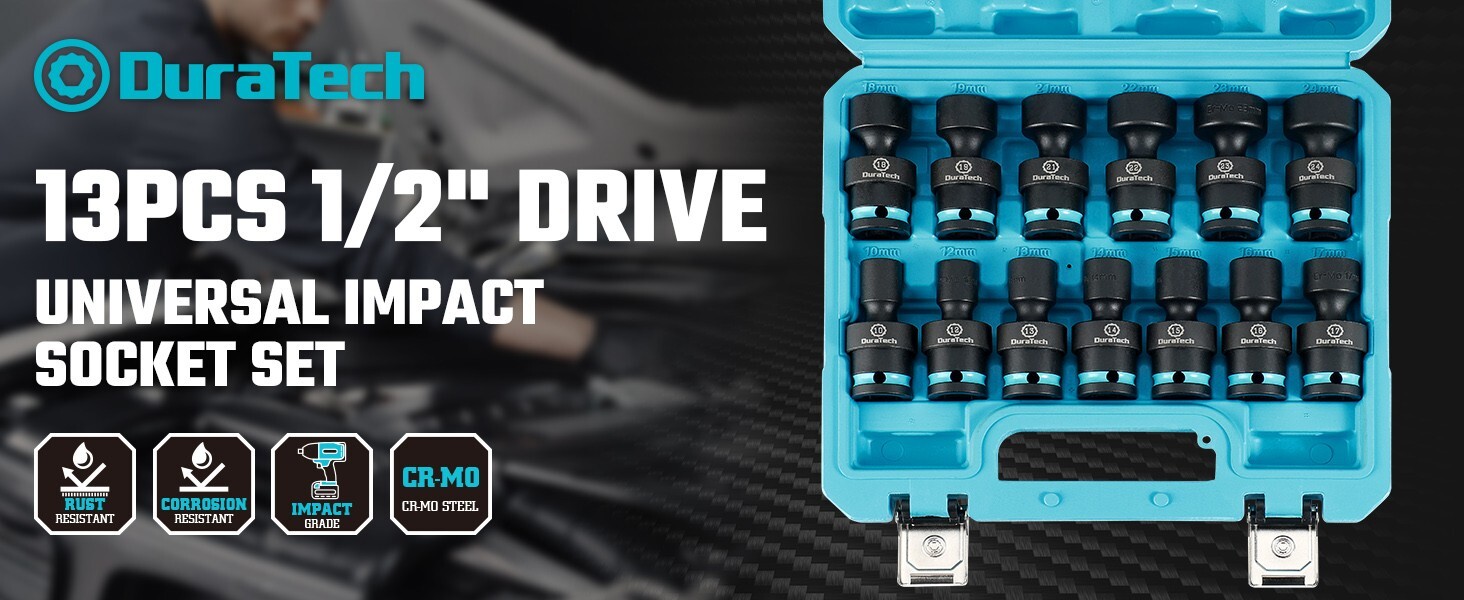 DURATECH 13PC 1/2″ Impact Swivel Socket Set Shallow Wobble Socket 10-24mm Metric