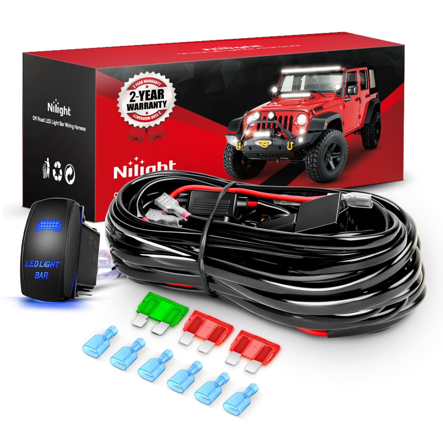 Nilight 12AWG LED Light Bar Wiring Harness Kit 12V On Off 5Pin Rocker Switch