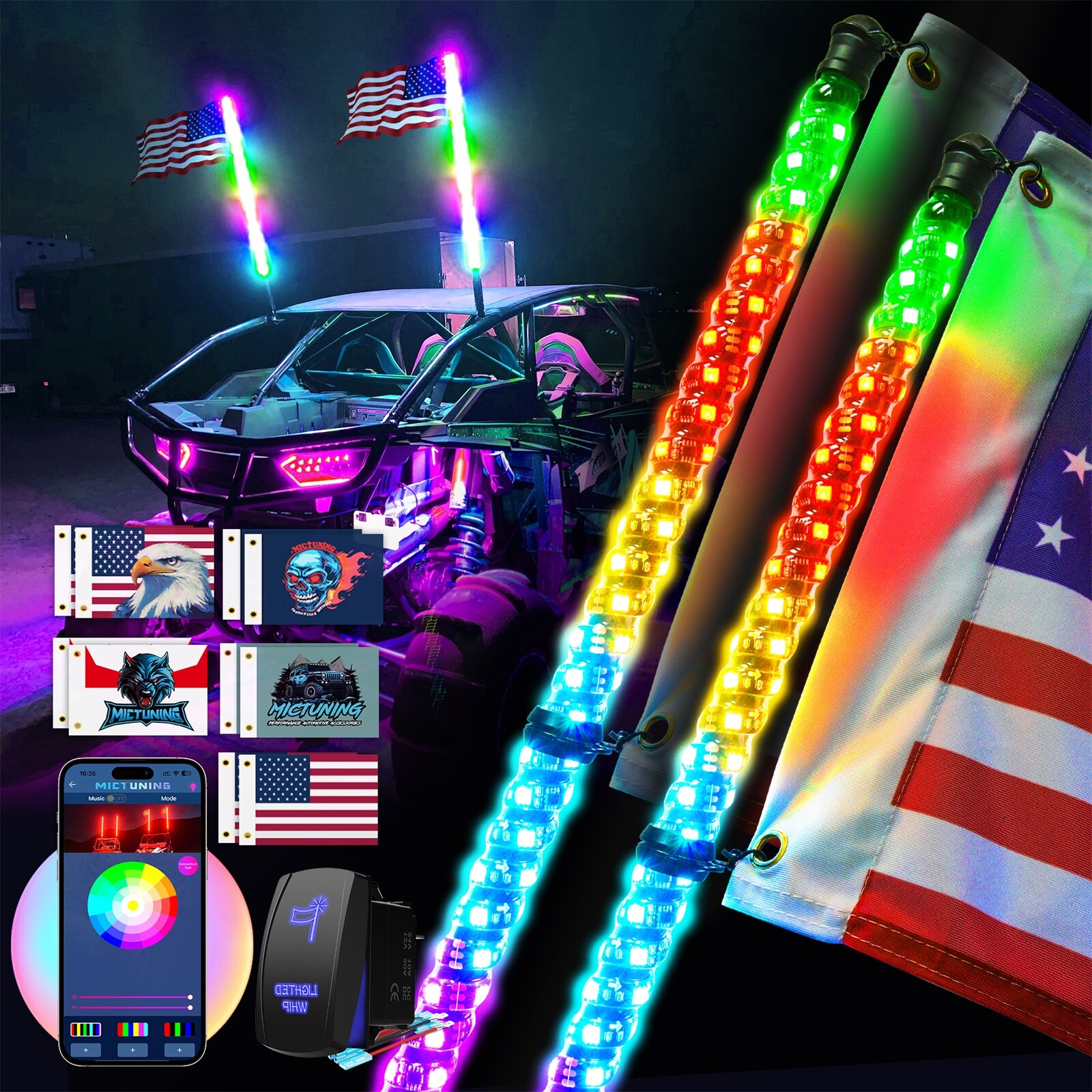 2PCS of 3FT RGB Spiral LED Whip Lights w/ APP & Chasing Effects for UTV ATV