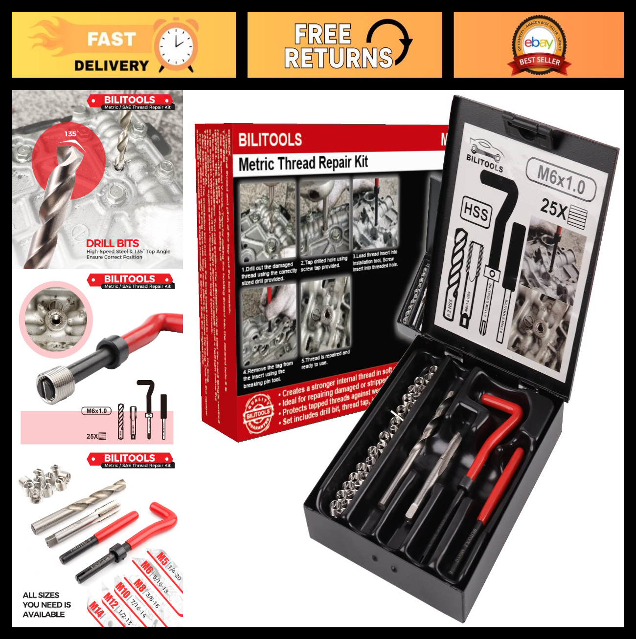 M6x1.0 Thread Repair Kit – HSS Drill Helicoil Metric Tool for Stripped Threads