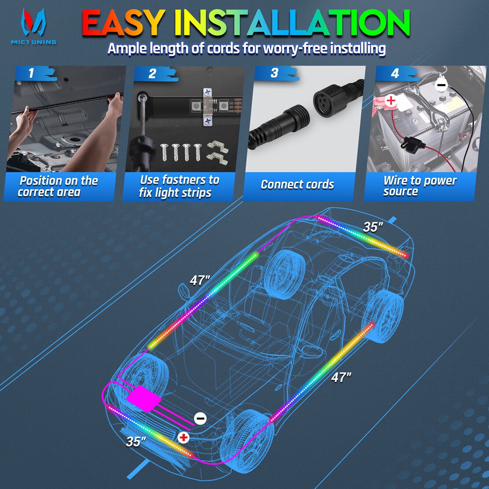 MICTUNING DreamColor Underglow Chasing Light Kit ,RGB+IC LED Lights for All Cars