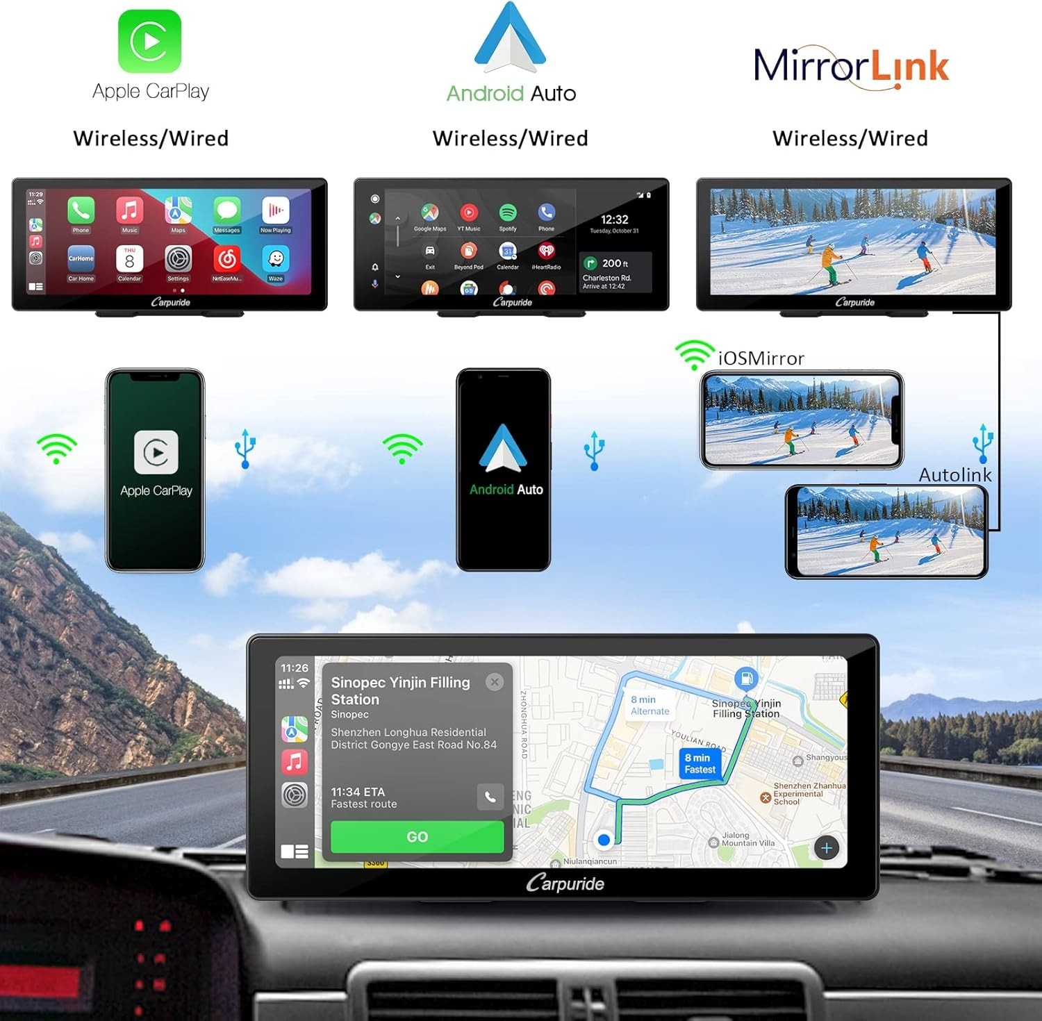 Carpuride 10.3” IPS Touch Screen Wireless Carplay Android Auto Car Radio Receive