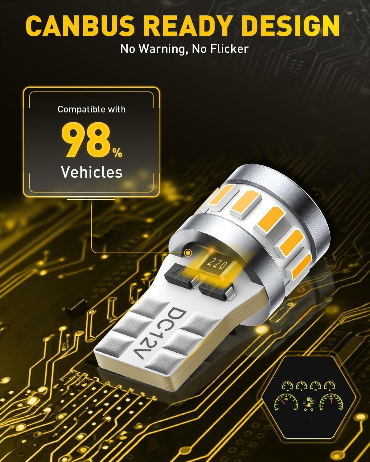 Compatible 194 LED Bulb Pack: 50,000 Hours Lifespan Amber Yellow Light for Cars