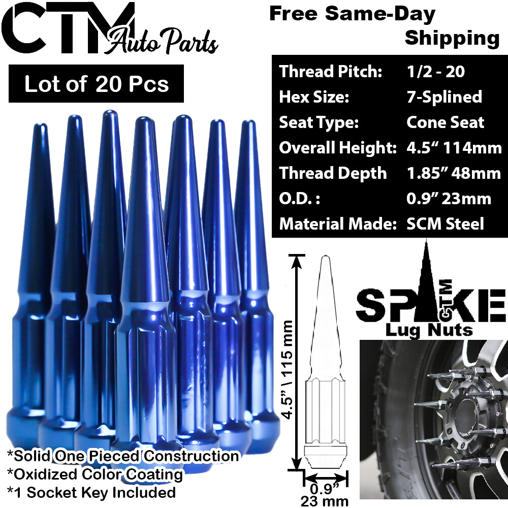 20Pc 4.5″ TALL BLUE 1/2-20 SOLID SPLINE STEEL SPIKE LUG NUT+KEY FIT FORD MODELS