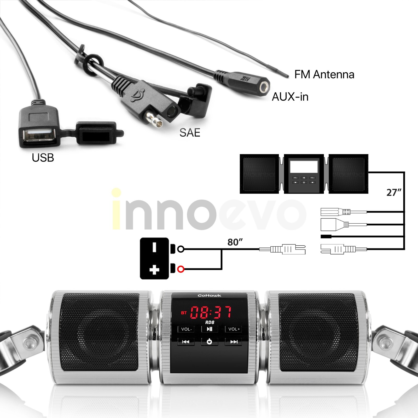 Waterproof Bluetooth Motorcycle Stereo Speaker MP3 Audio System USB AUX Radio BT