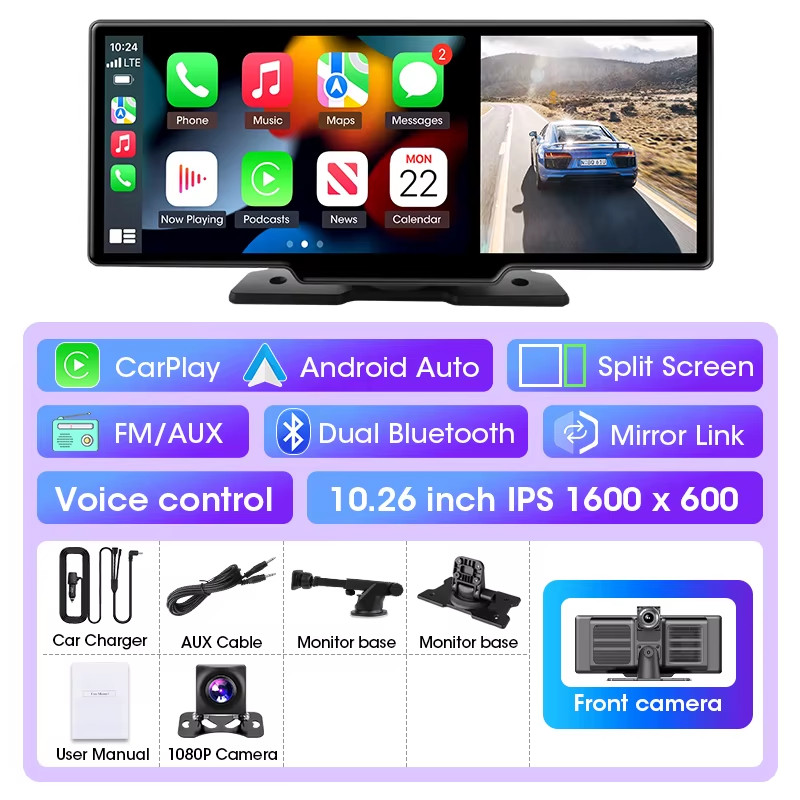Dash cam 4K car, 10 or 11.26 inch screen, built-in GPS, CarPlay, Android Aut