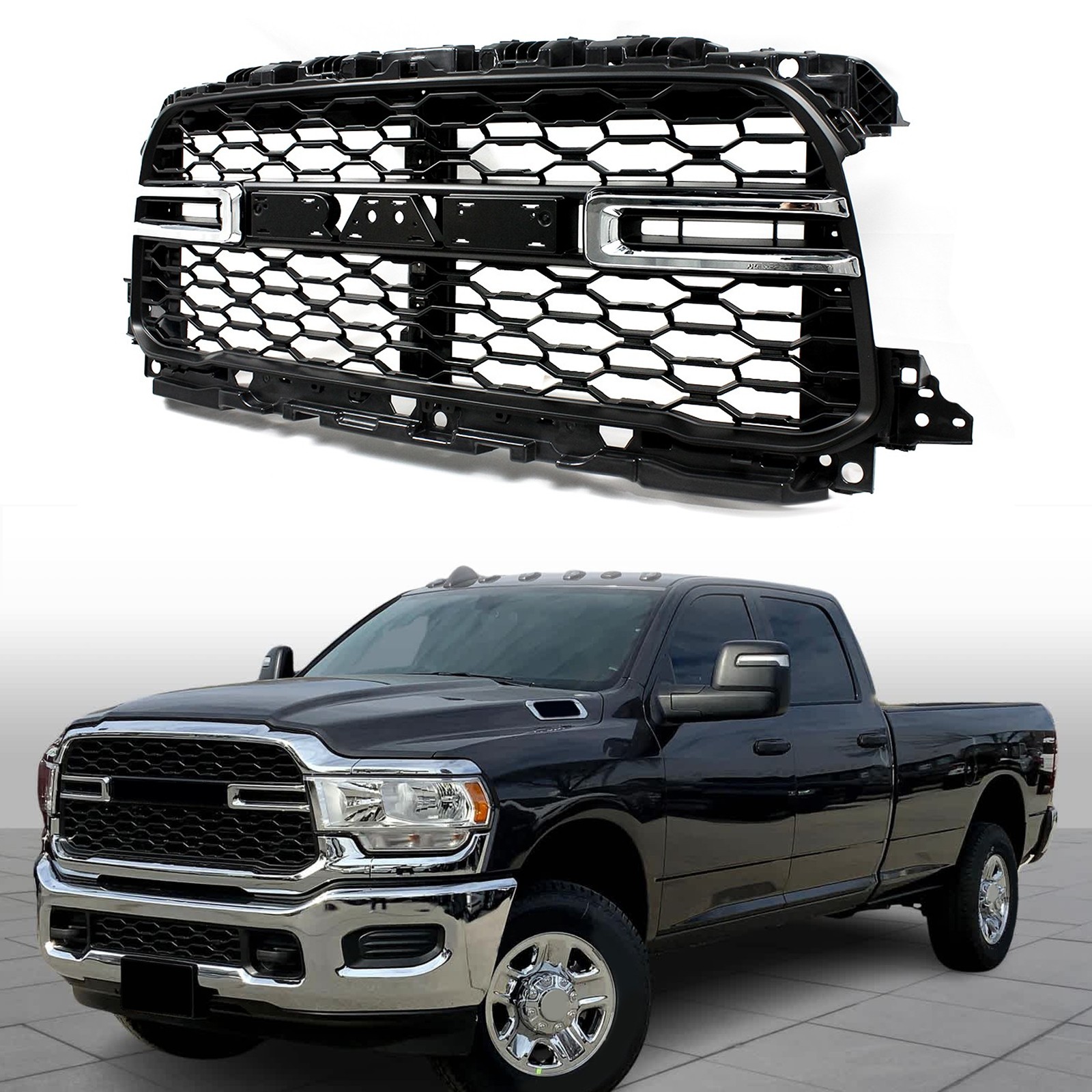Front Bumper Grille Grill Matte Black & Chrome Fit For 2019-2024 RAM 2500 3500