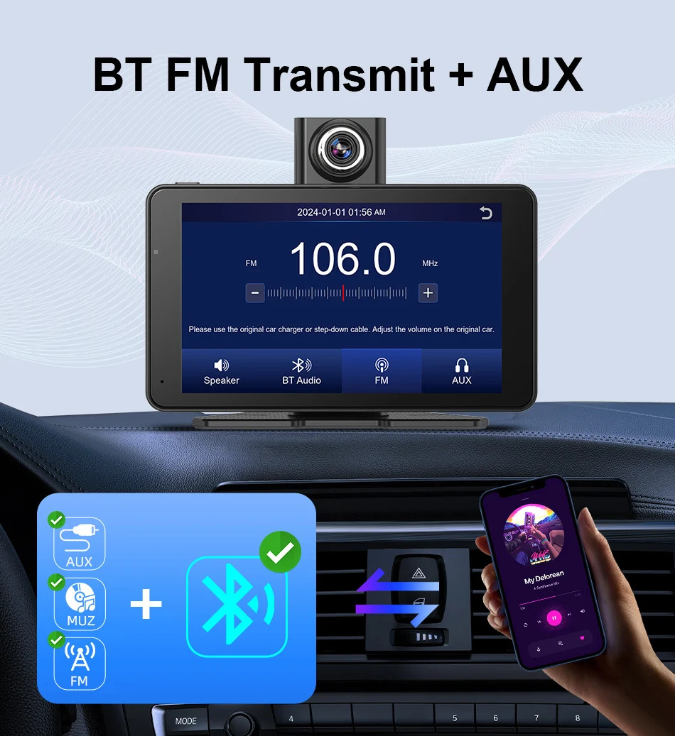 7″ Dash Cam 2.5K DVR Rearview Camera Wireless Carplay&Android GPS Navigation