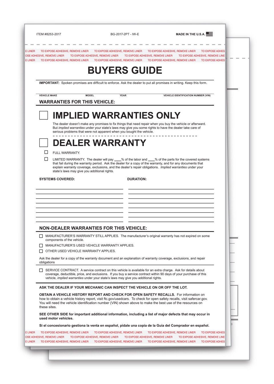 2 PART CAR DEALER BUYER GUIDE PACK OF 100 FORMS IMPLIED WARRANTY ADHESIVE